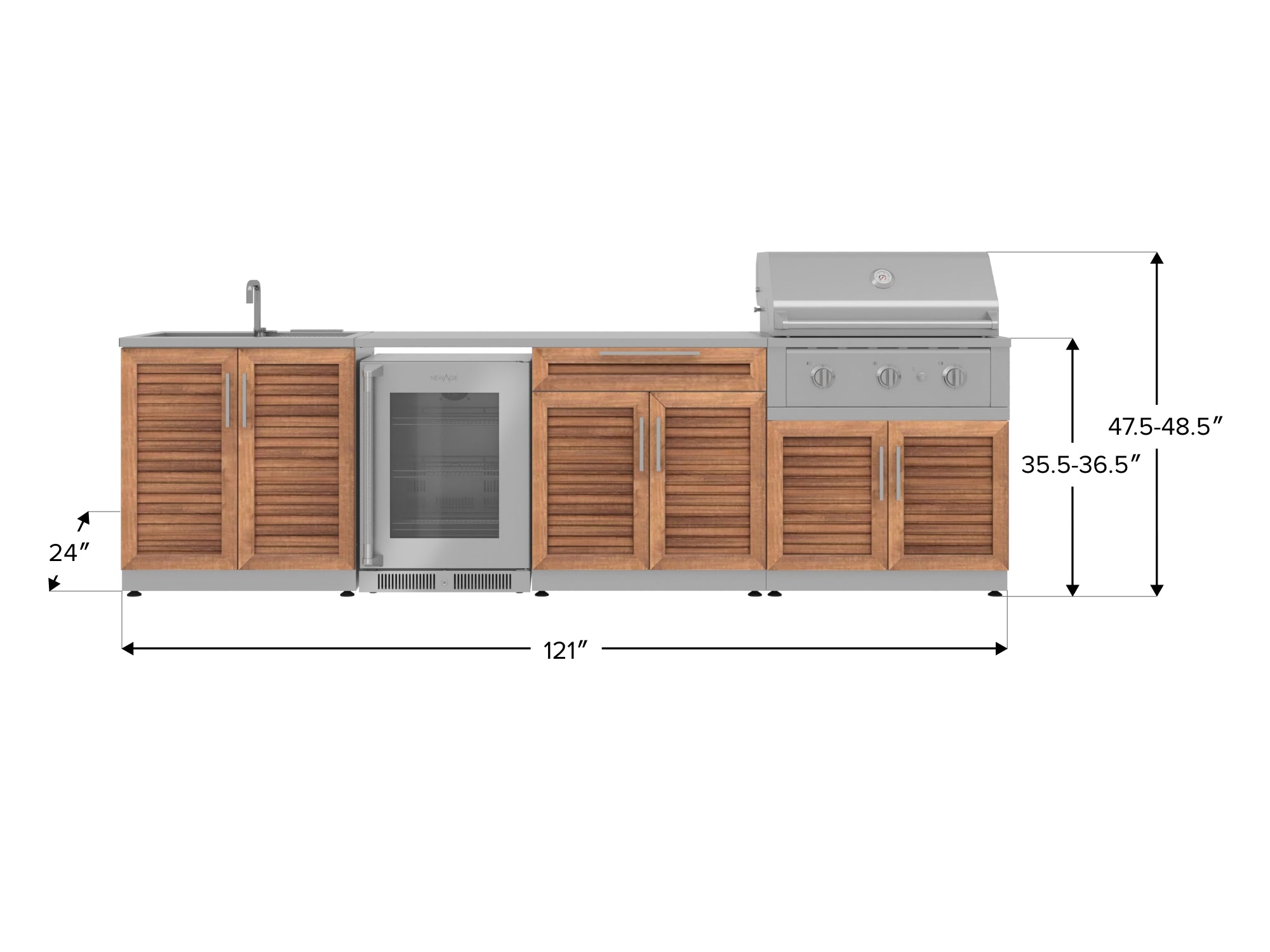 Outdoor Kitchen Stainless Steel Louvered Doors 6 Piece Cabinet Set with Sink, Bar, Grill Cabinet, Performance Grill, Countertop and Glass Door Fridge