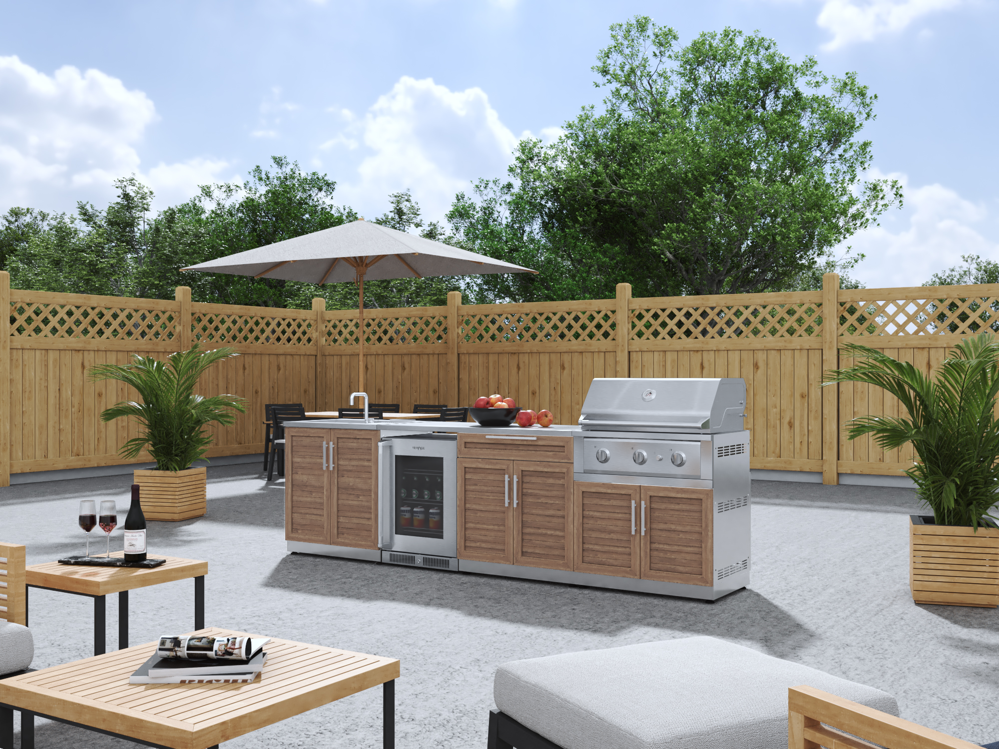 Outdoor Kitchen Stainless Steel Louvered Doors 6 Piece Cabinet Set with Sink, Bar, Grill Cabinet, Performance Grill, Countertop and Glass Door Fridge