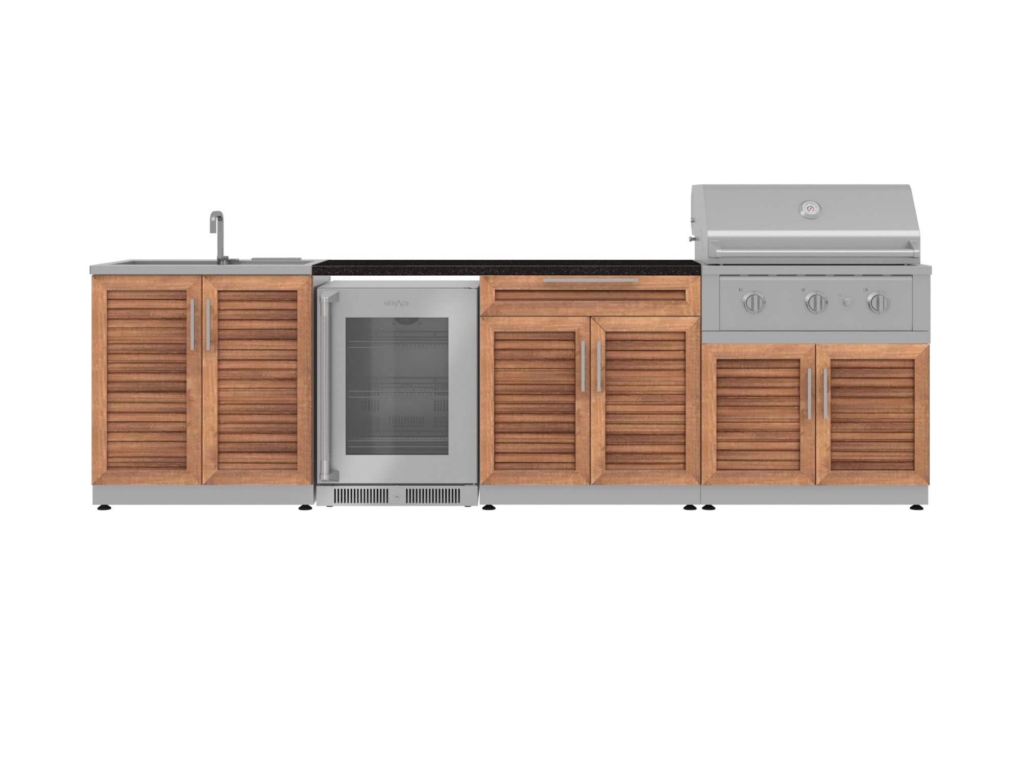 Outdoor Kitchen Stainless Steel Louvered Doors 6 Piece Cabinet Set with Sink, Bar, Grill Cabinet, Performance Grill, Countertop and Glass Door Fridge
