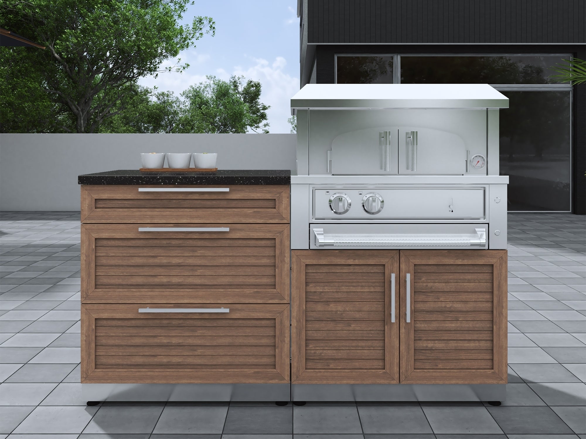 Outdoor Kitchen Stainless Steel Louvered Doors 6 Piece Cabinet Set with Sink, Bar, Grill Cabinet, Performance Grill, Countertop and Glass Door Fridge