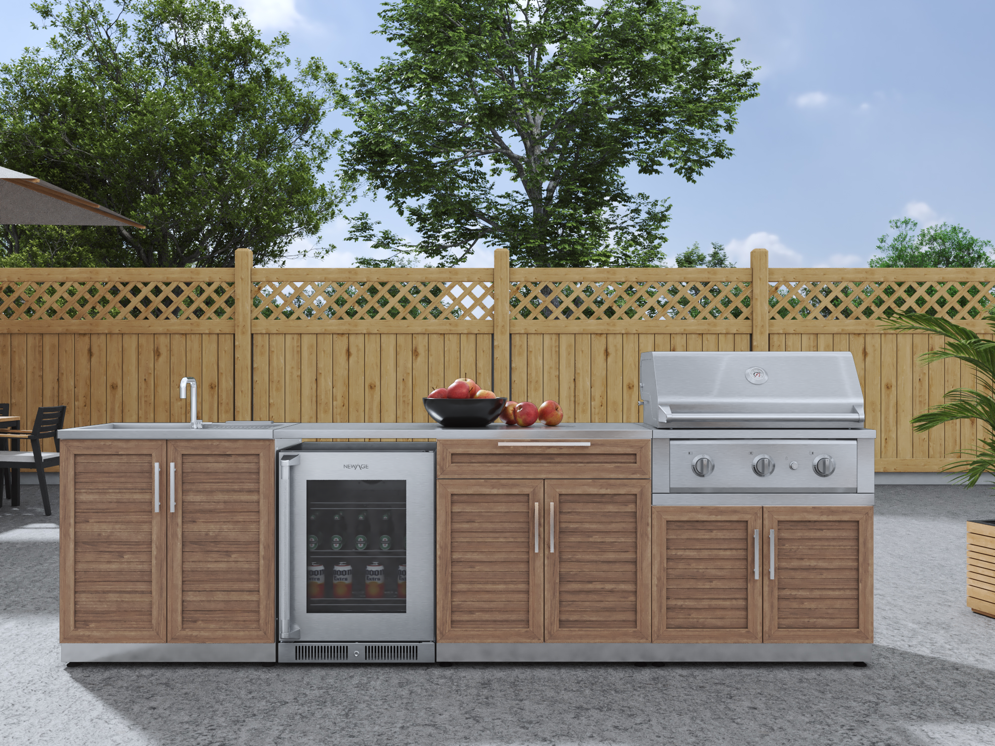 Outdoor Kitchen Stainless Steel Louvered Doors 6 Piece Cabinet Set with Sink, Bar, Grill Cabinet, Performance Grill, Countertop and Glass Door Fridge