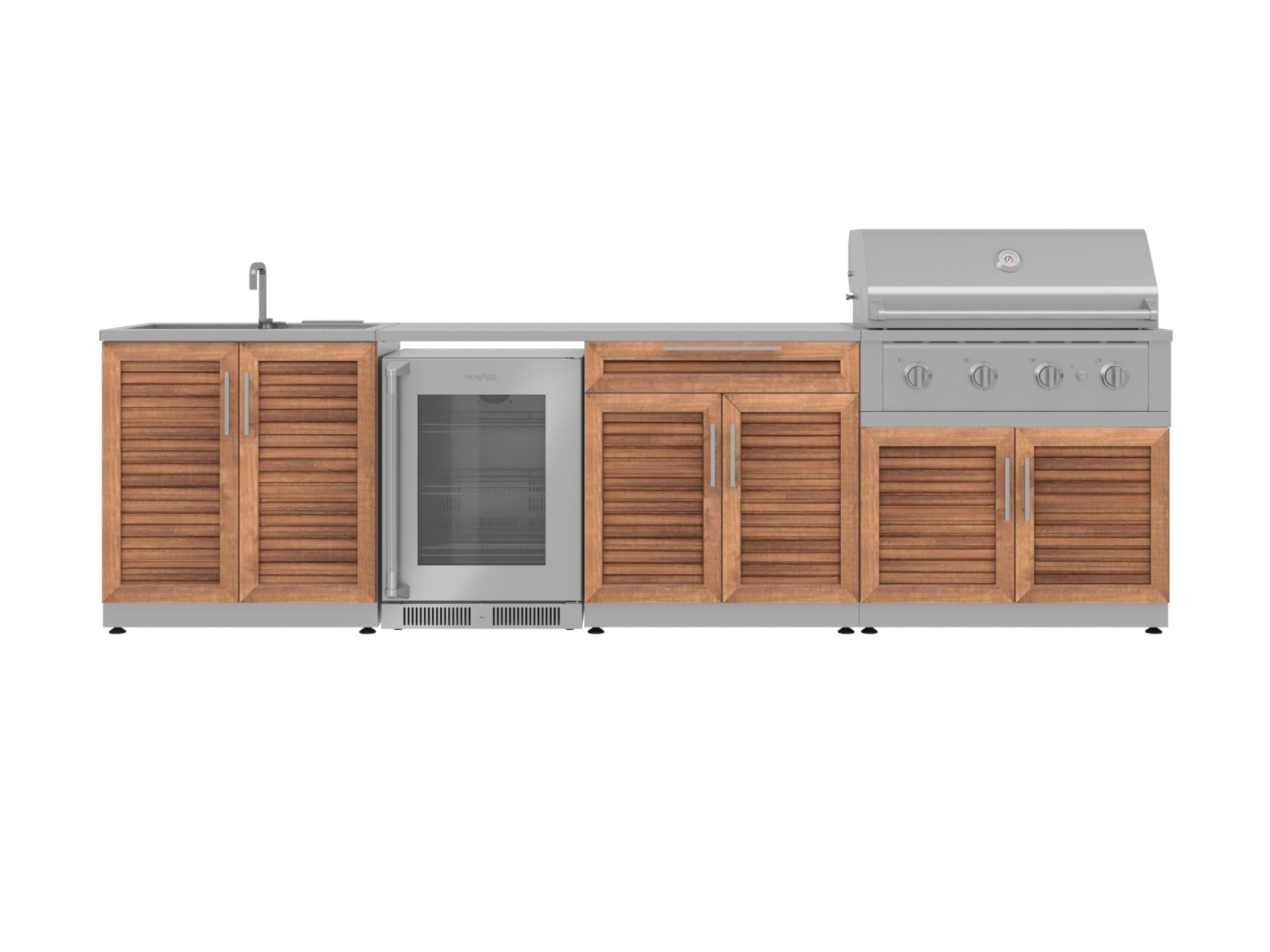 Outdoor Kitchen Stainless Steel Louvered Doors 6 Piece Cabinet Set with Sink, Bar, Grill Cabinet, Performance Grill, Countertop and Glass Door Fridge
