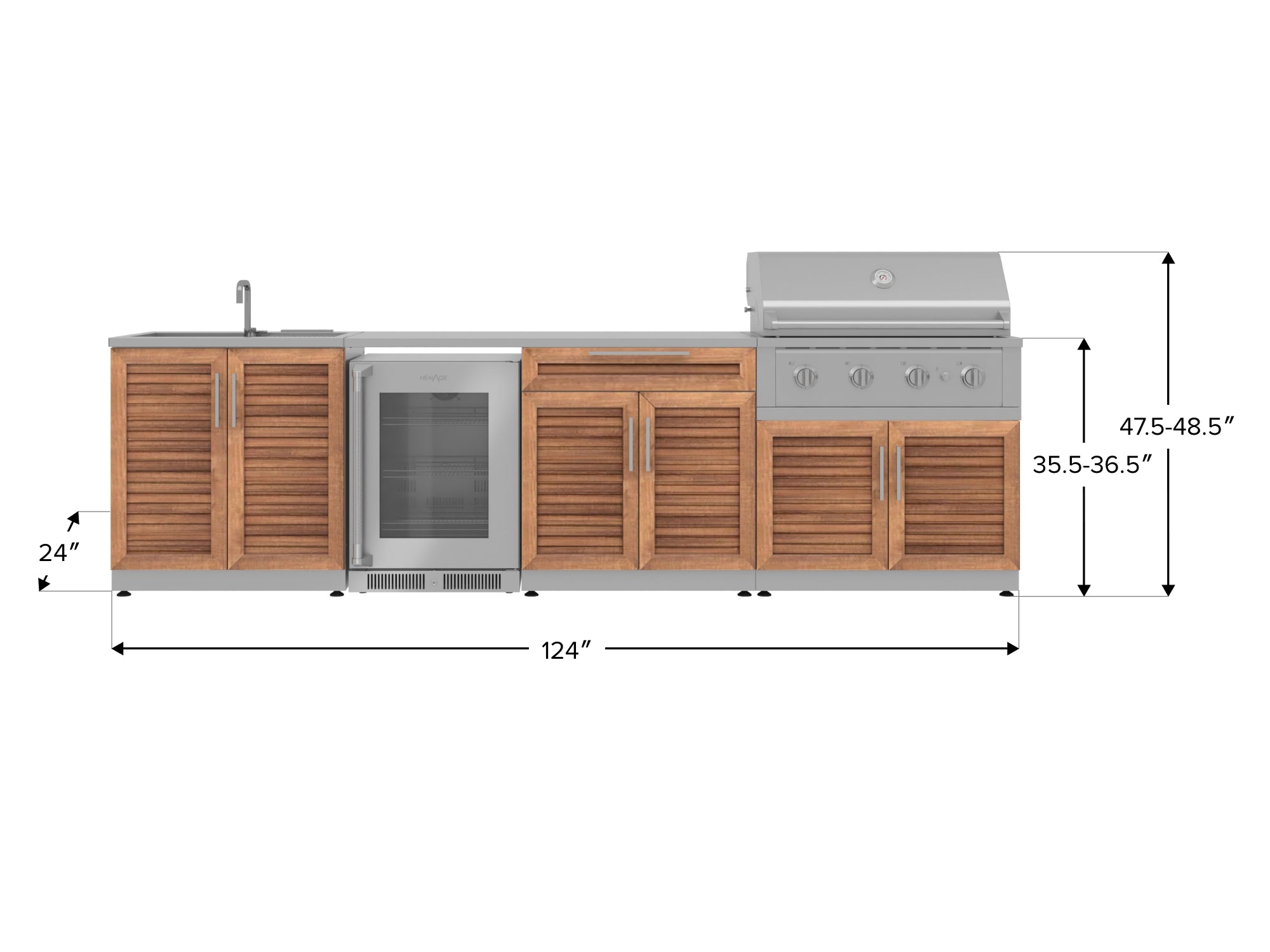 Outdoor Kitchen Stainless Steel Louvered Doors 6 Piece Cabinet Set with Sink, Bar, Grill Cabinet, Performance Grill, Countertop and Glass Door Fridge