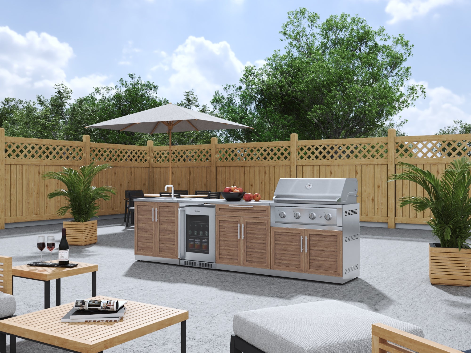 Outdoor Kitchen Stainless Steel Louvered Doors 6 Piece Cabinet Set with Sink, Bar, Grill Cabinet, Performance Grill, Countertop and Glass Door Fridge