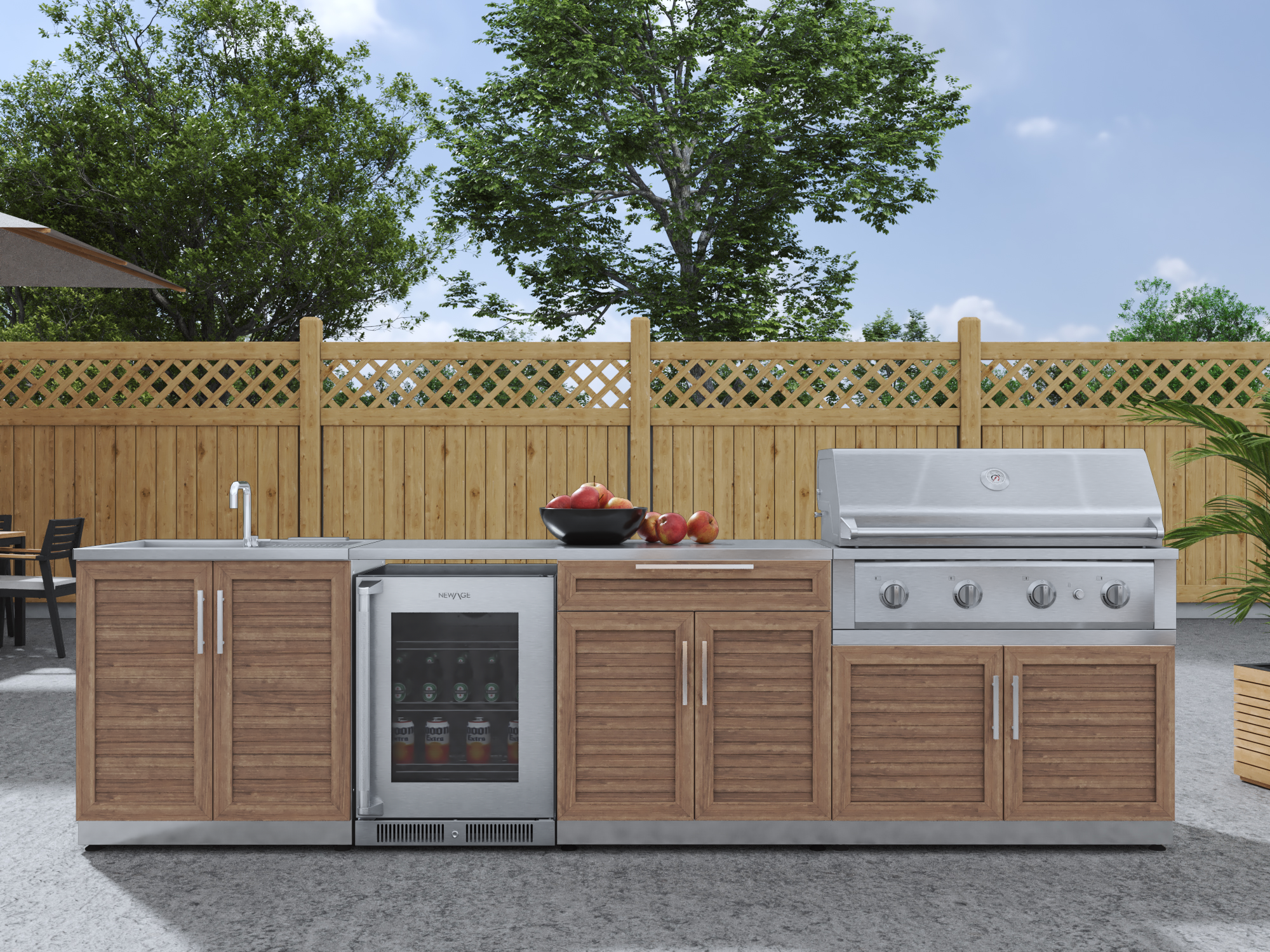 Outdoor Kitchen Stainless Steel Louvered Doors 6 Piece Cabinet Set with Sink, Bar, Grill Cabinet, Performance Grill, Countertop and Glass Door Fridge