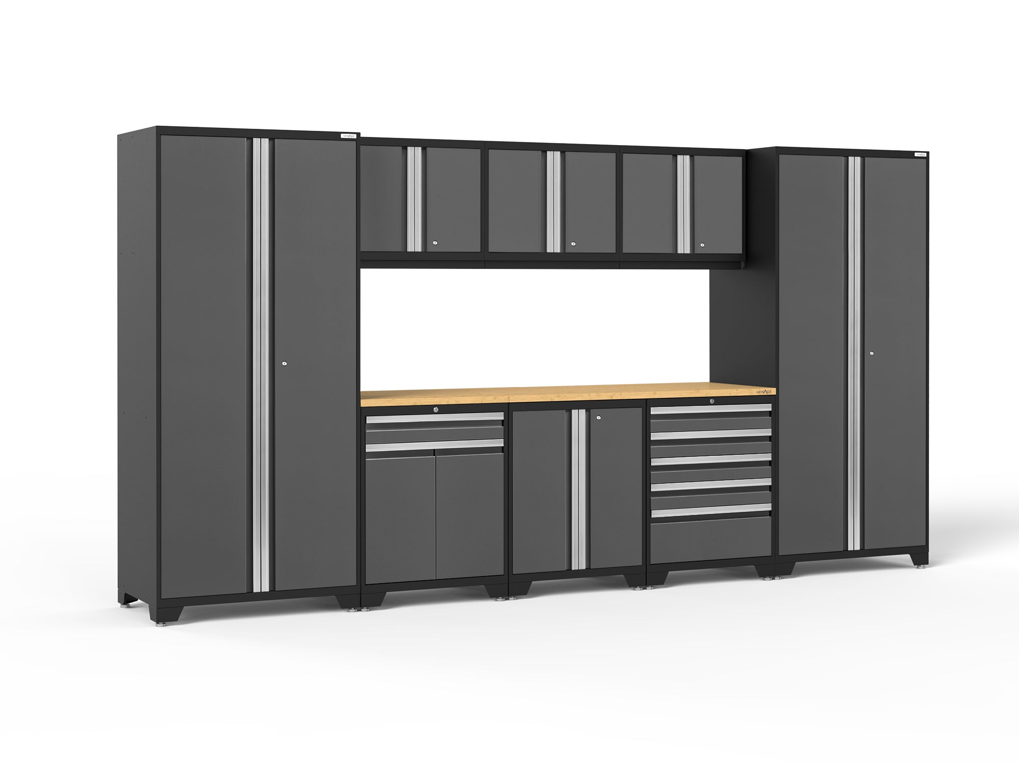Pro Series 9 Piece Cabinet Set with Wall, Base, Tool Drawer, Multi-Function Cabinet, Lockers, and 84 in. Worktop