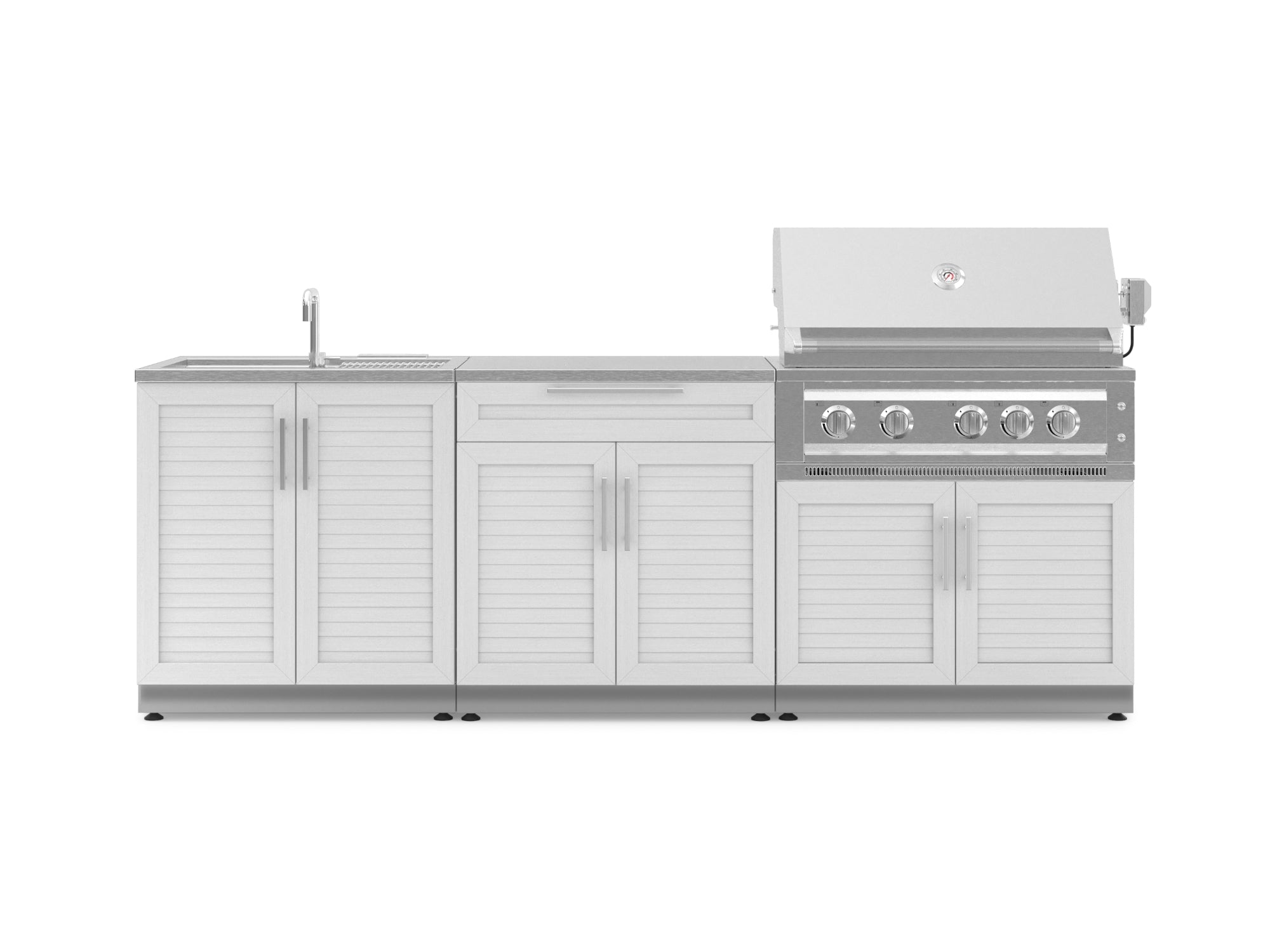 Outdoor Kitchen Stainless-Steel Louvered Doors 5 Piece Cabinet Set with Bar, Sink, Grill Cabinet, Platinum Grill, and Countertop