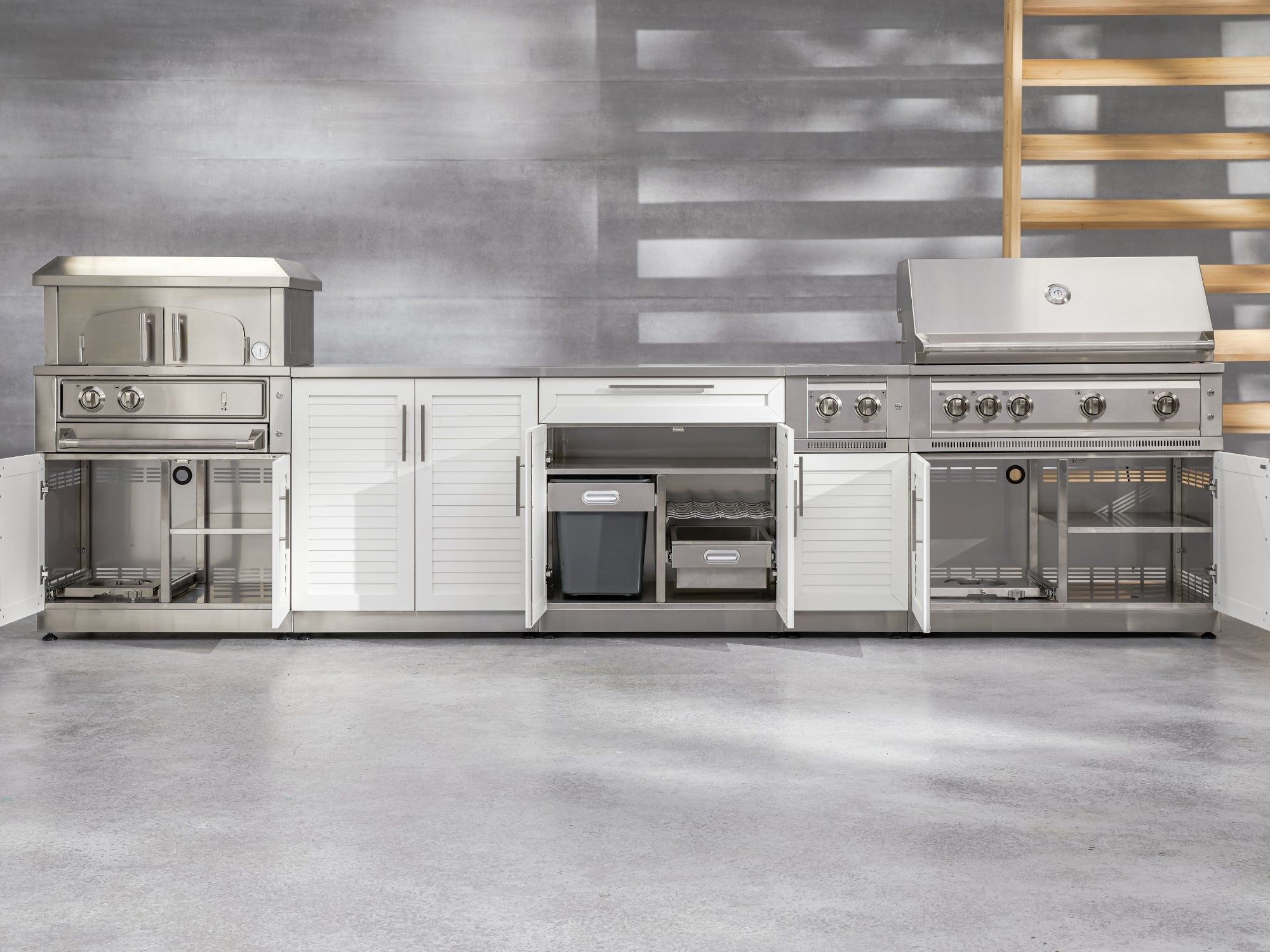 Outdoor Kitchen Stainless-Steel Louvered Doors 5 Piece Cabinet Set with Bar, Sink, Grill Cabinet, Platinum Grill, and Countertop
