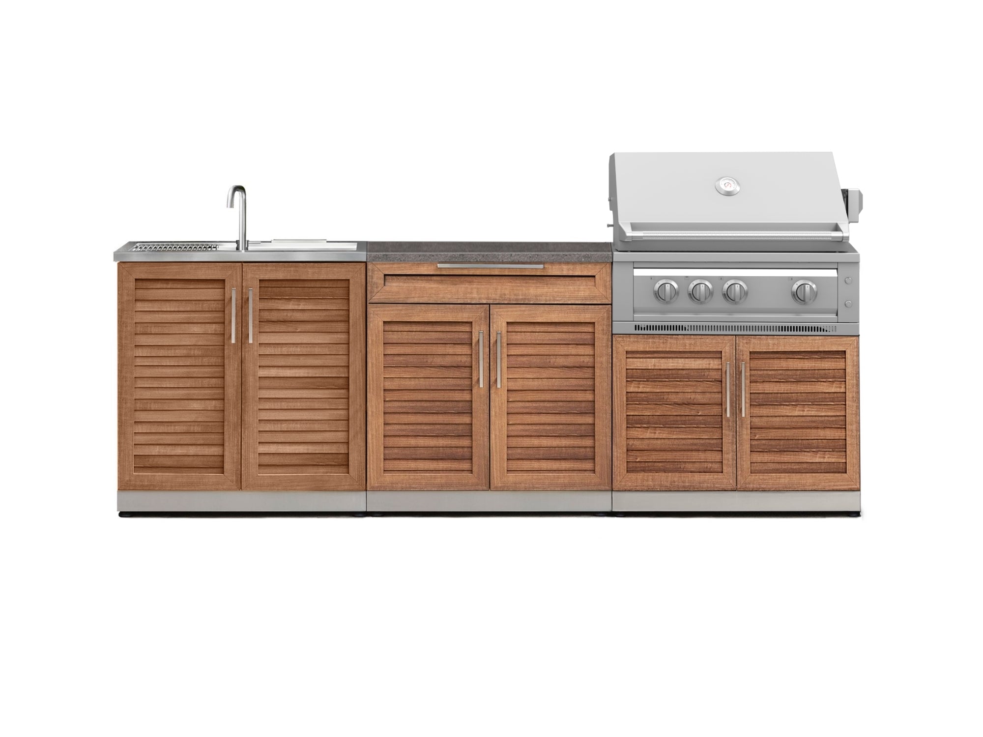 Outdoor Kitchen Stainless-Steel Louvered Doors 5 Piece Cabinet Set with Bar, Sink, Grill Cabinet, Platinum Grill, and Countertop