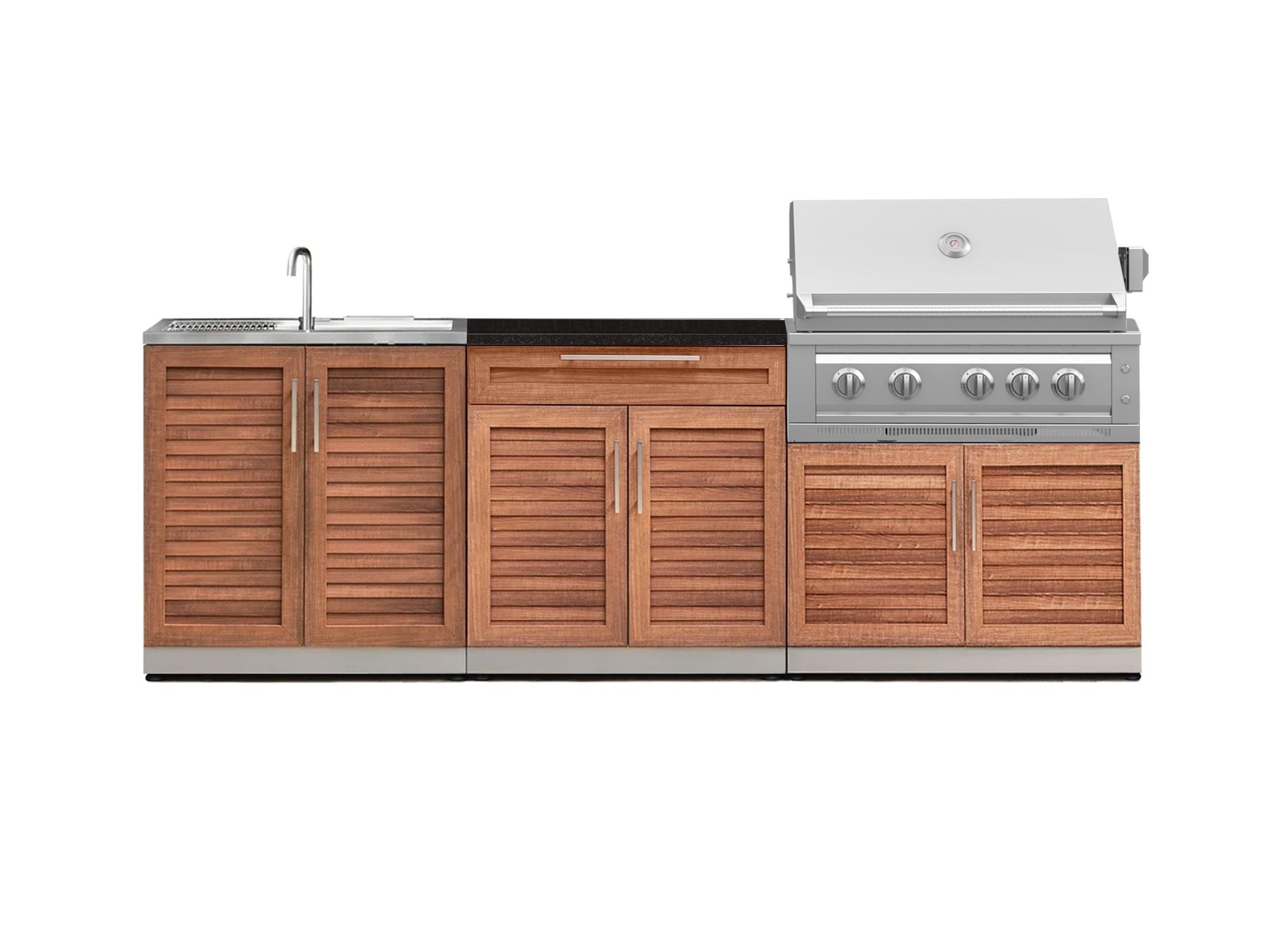 Outdoor Kitchen Stainless-Steel Louvered Doors 5 Piece Cabinet Set with Bar, Sink, Grill Cabinet, Platinum Grill, and Countertop