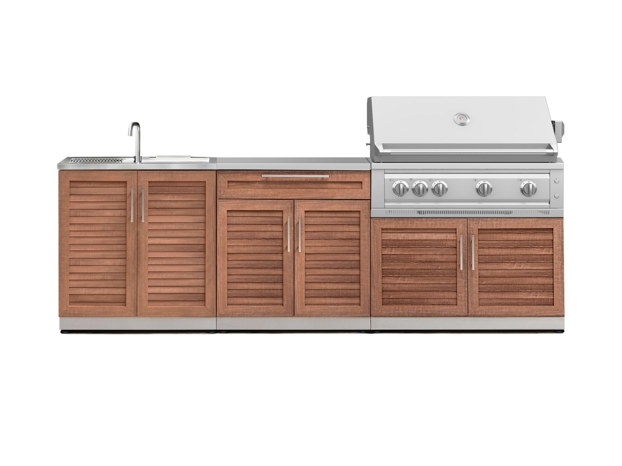 Outdoor Kitchen Stainless-Steel Louvered Doors 5 Piece Cabinet Set with Bar, Sink, Grill Cabinet, Platinum Grill, and Countertop