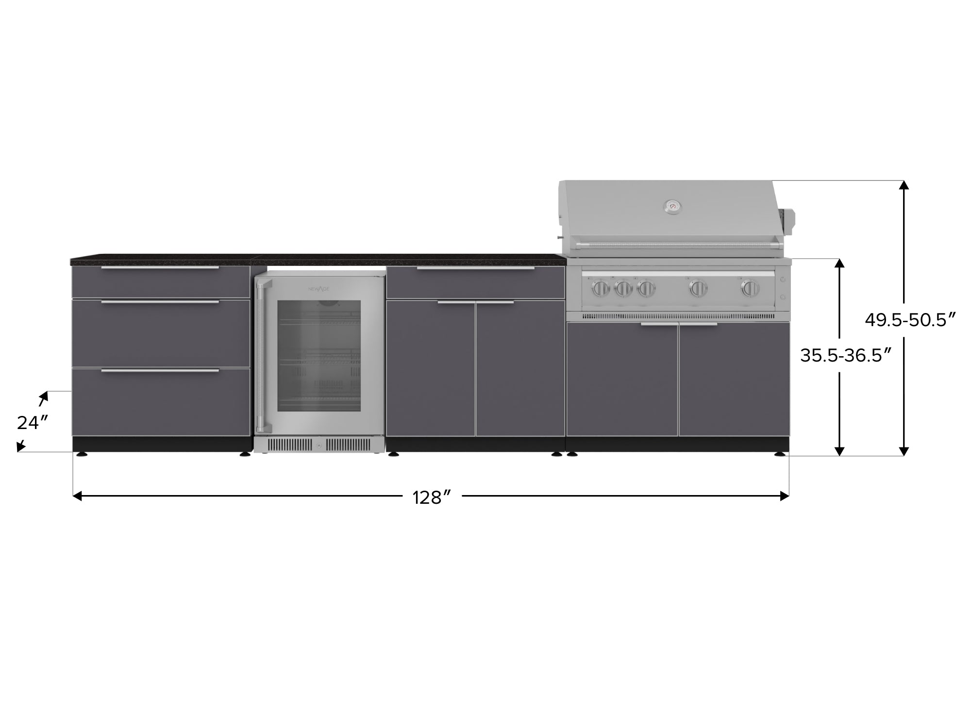 Outdoor Kitchen Aluminum 7 Piece Cabinet Set with 3-Drawer, Bar, Grill Cabinet, Platinum Grill, Countertops and Glass Door Fridge