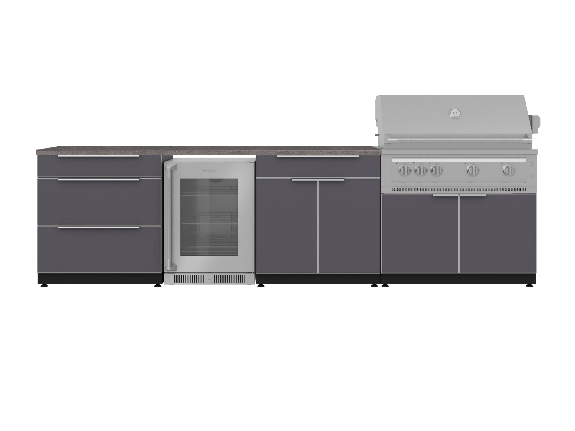 Outdoor Kitchen Aluminum 7 Piece Cabinet Set with 3-Drawer, Bar, Grill Cabinet, Platinum Grill, Countertops and Glass Door Fridge