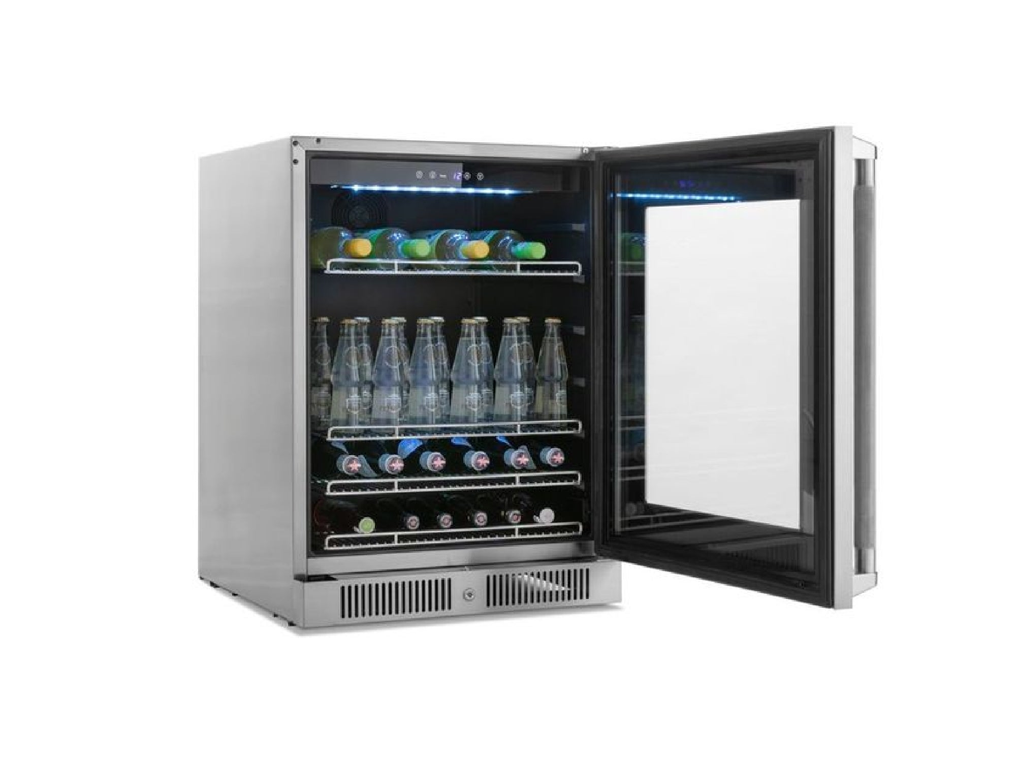 Outdoor Kitchen Aluminum 7 Piece Cabinet Set with 3-Drawer, Bar, Grill Cabinet, Platinum Grill, Countertops and Glass Door Fridge