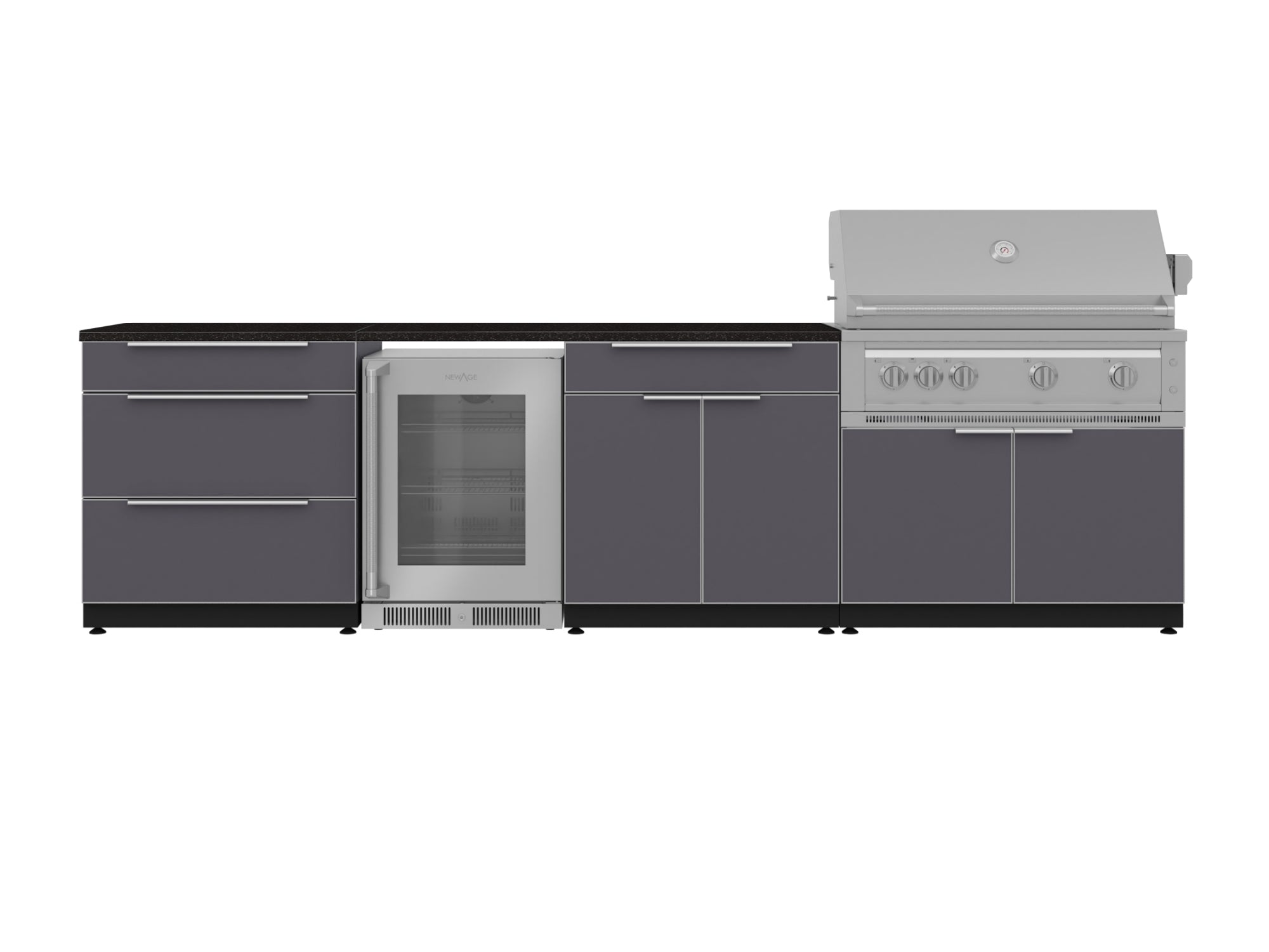 Outdoor Kitchen Aluminum 7 Piece Cabinet Set with 3-Drawer, Bar, Grill Cabinet, Platinum Grill, Countertops and Glass Door Fridge