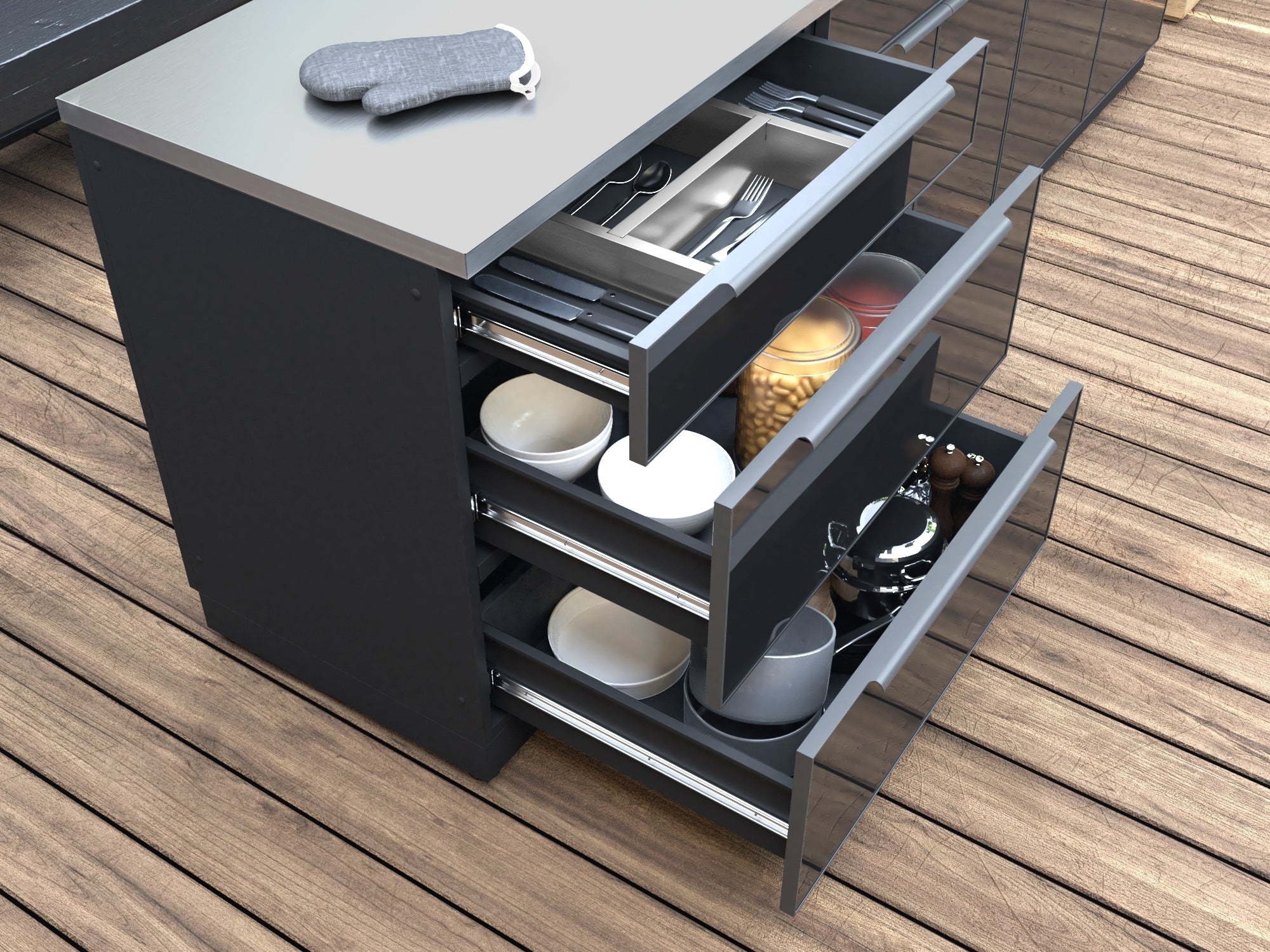 Outdoor Kitchen Aluminum 7 Piece Cabinet Set with 3-Drawer, Bar, Grill Cabinet, Platinum Grill, Countertops and Glass Door Fridge