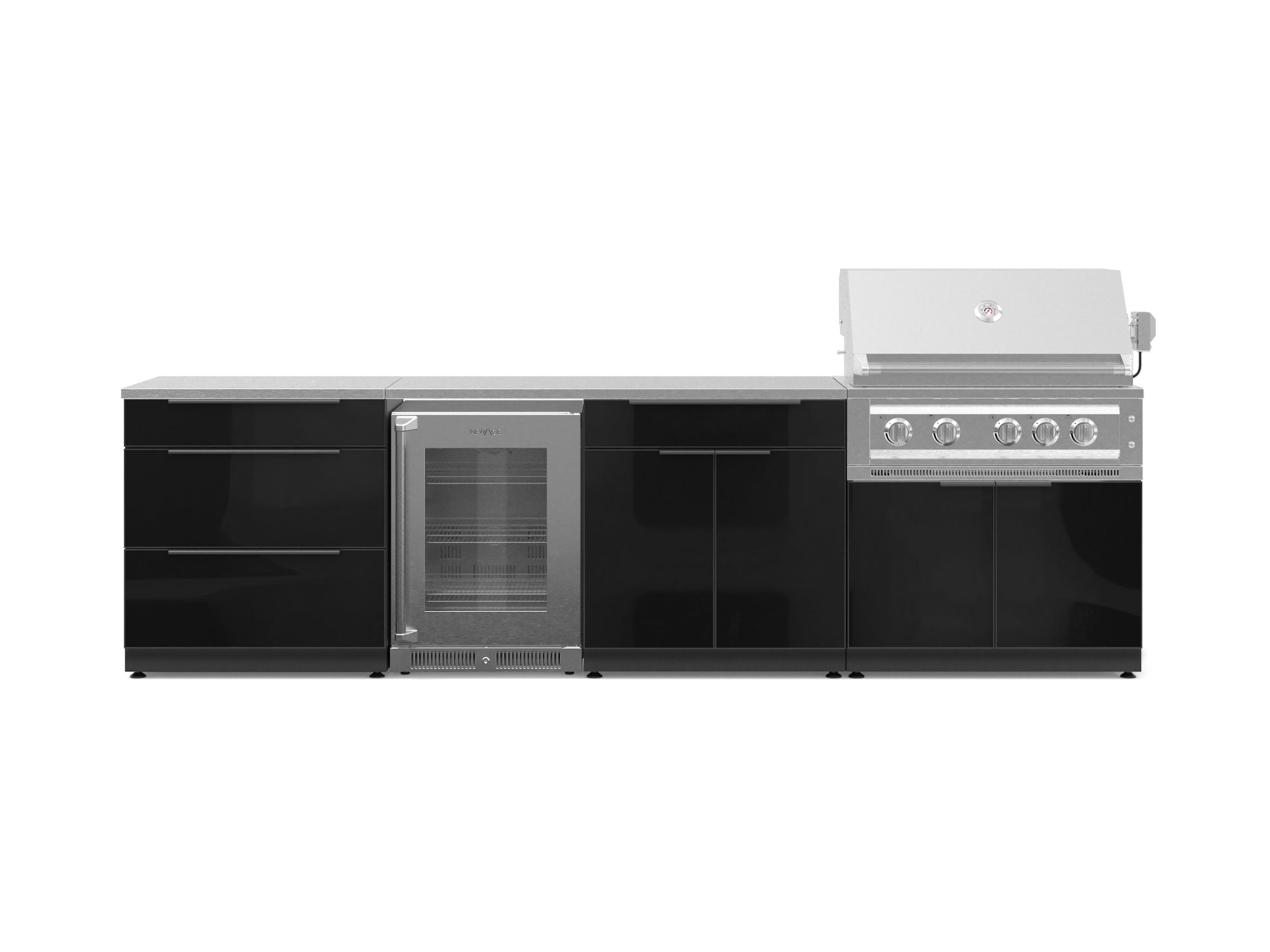 Outdoor Kitchen Aluminum 7 Piece Cabinet Set with 3-Drawer, Bar, Grill Cabinet, Platinum Grill, Countertops and Glass Door Fridge