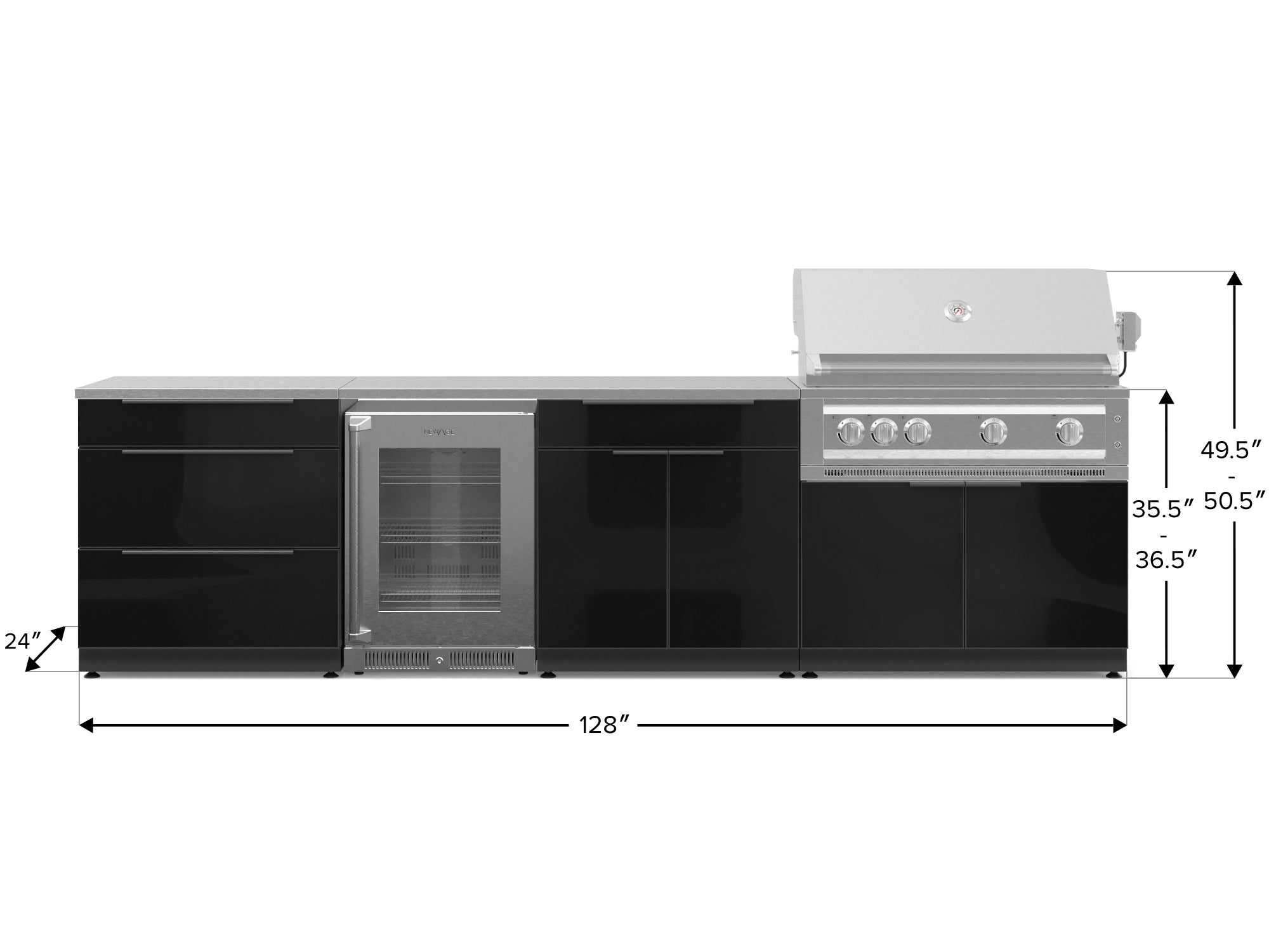 Outdoor Kitchen Aluminum 7 Piece Cabinet Set with 3-Drawer, Bar, Grill Cabinet, Platinum Grill, Countertops and Glass Door Fridge