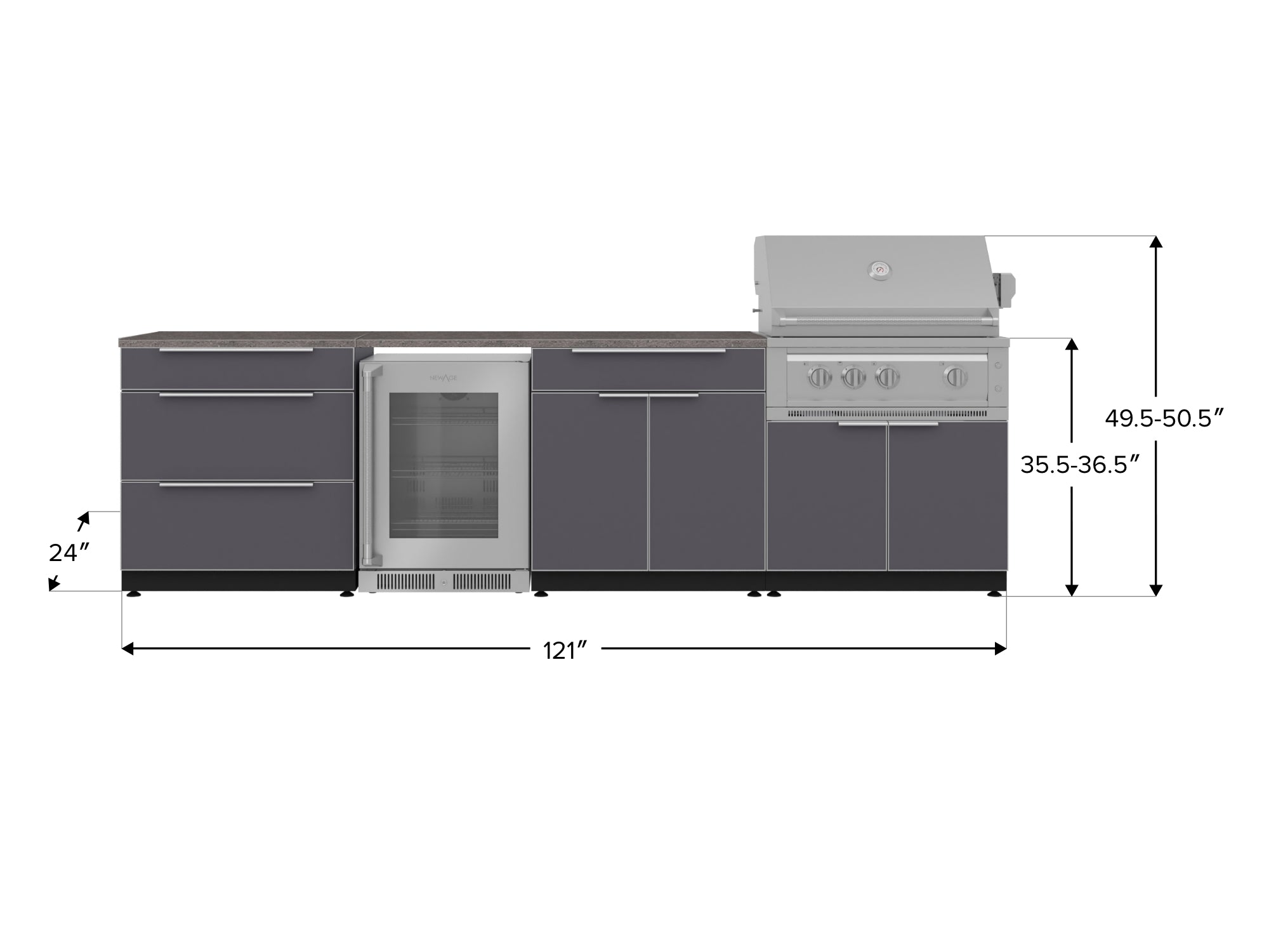 Outdoor Kitchen Aluminum 7 Piece Cabinet Set with 3-Drawer, Bar, Grill Cabinet, Platinum Grill, Countertops and Glass Door Fridge