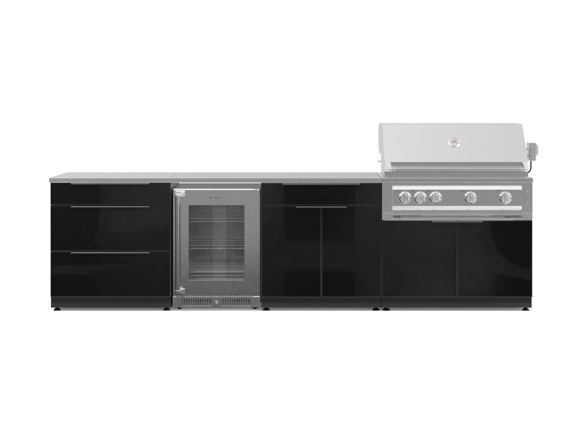 Outdoor Kitchen Aluminum 7 Piece Cabinet Set with 3-Drawer, Bar, Grill Cabinet, Platinum Grill, Countertops and Glass Door Fridge