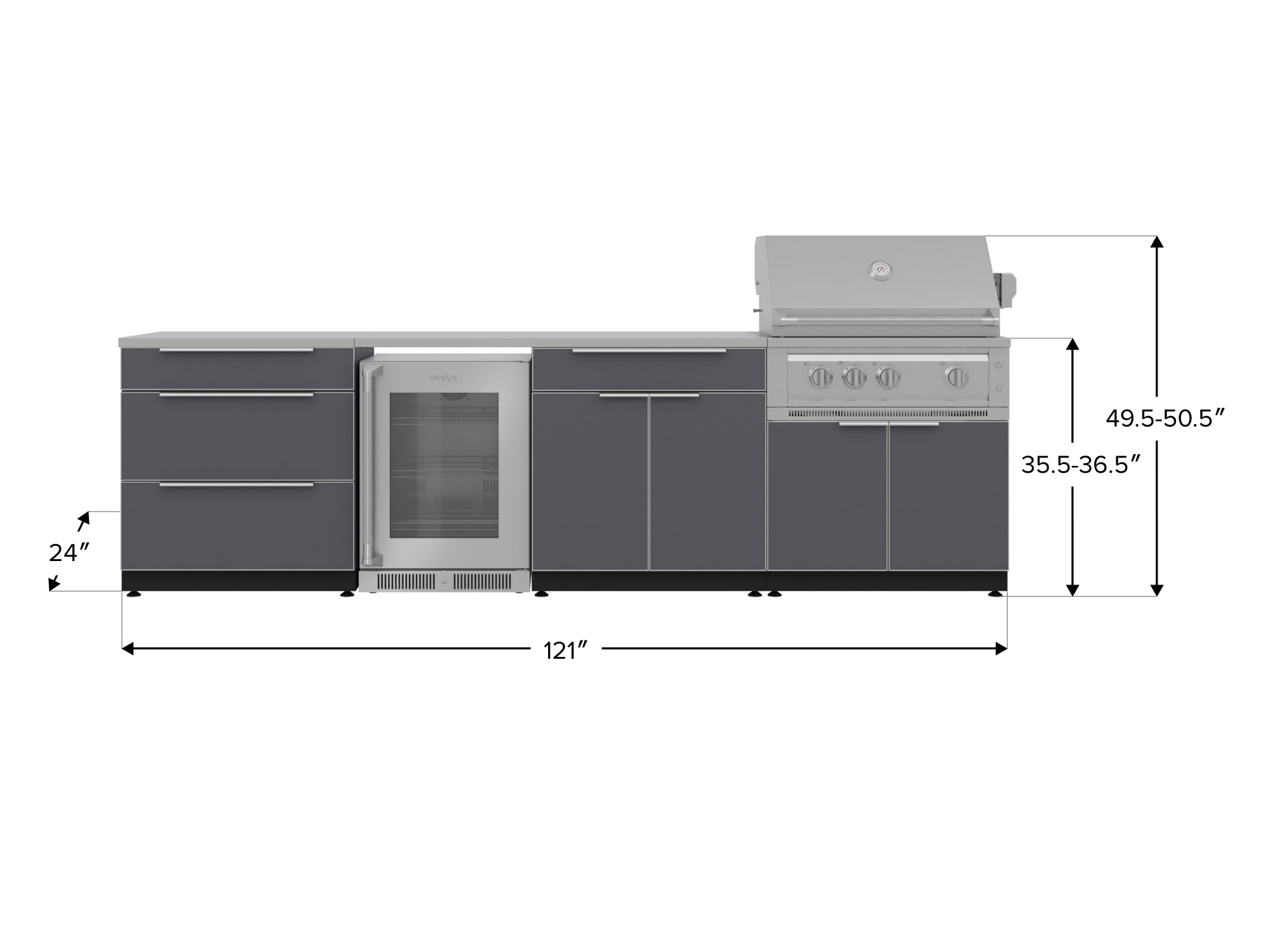 Outdoor Kitchen Aluminum 7 Piece Cabinet Set with 3-Drawer, Bar, Grill Cabinet, Platinum Grill, Countertops and Glass Door Fridge
