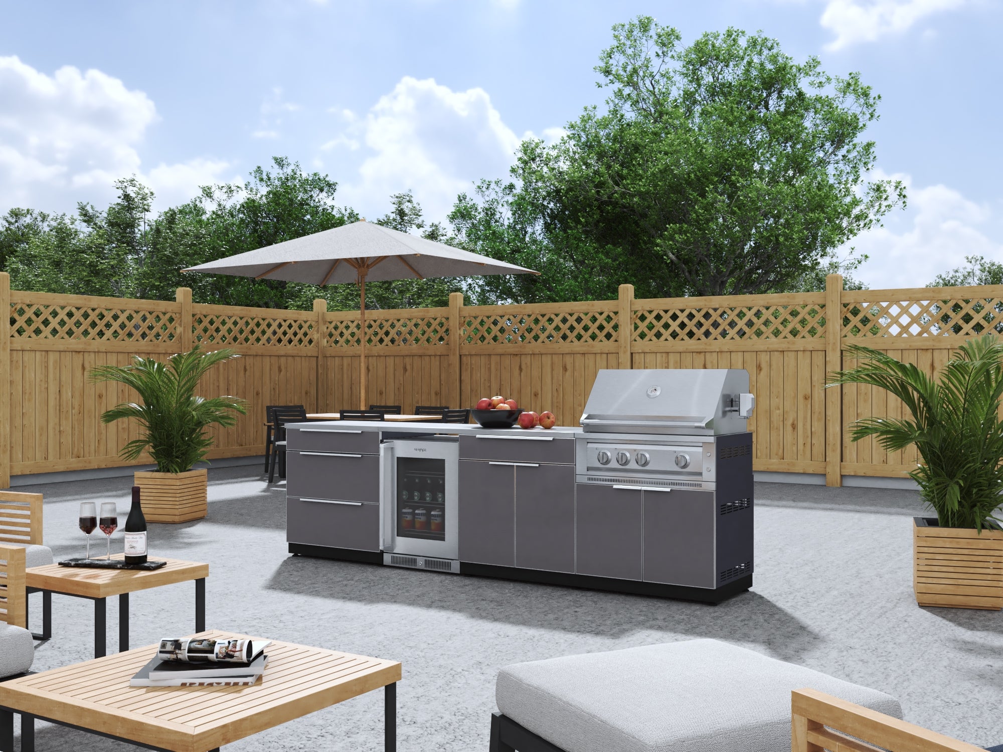 Outdoor Kitchen Aluminum 7 Piece Cabinet Set with 3-Drawer, Bar, Grill Cabinet, Platinum Grill, Countertops and Glass Door Fridge