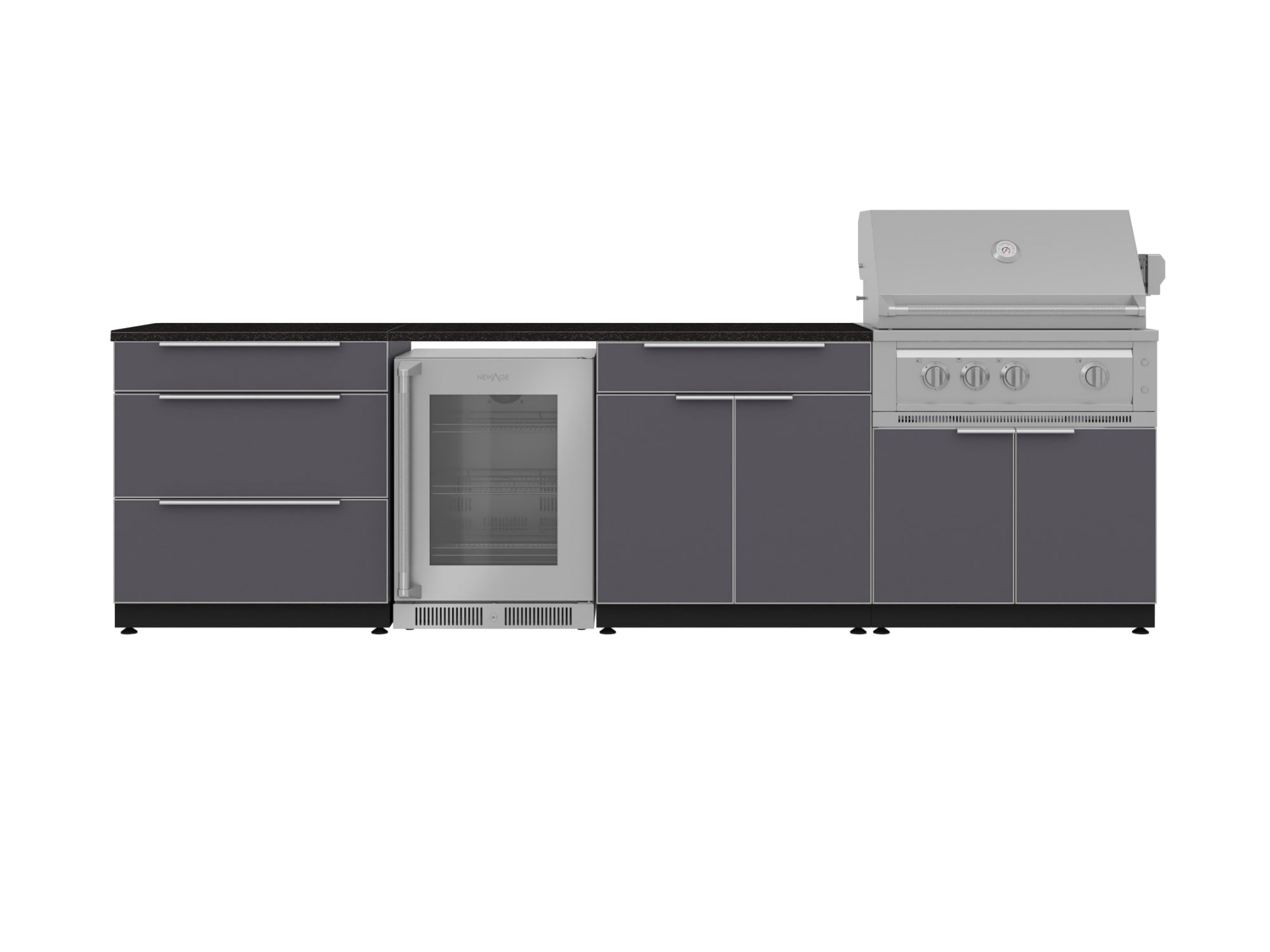 Outdoor Kitchen Aluminum 7 Piece Cabinet Set with 3-Drawer, Bar, Grill Cabinet, Platinum Grill, Countertops and Glass Door Fridge