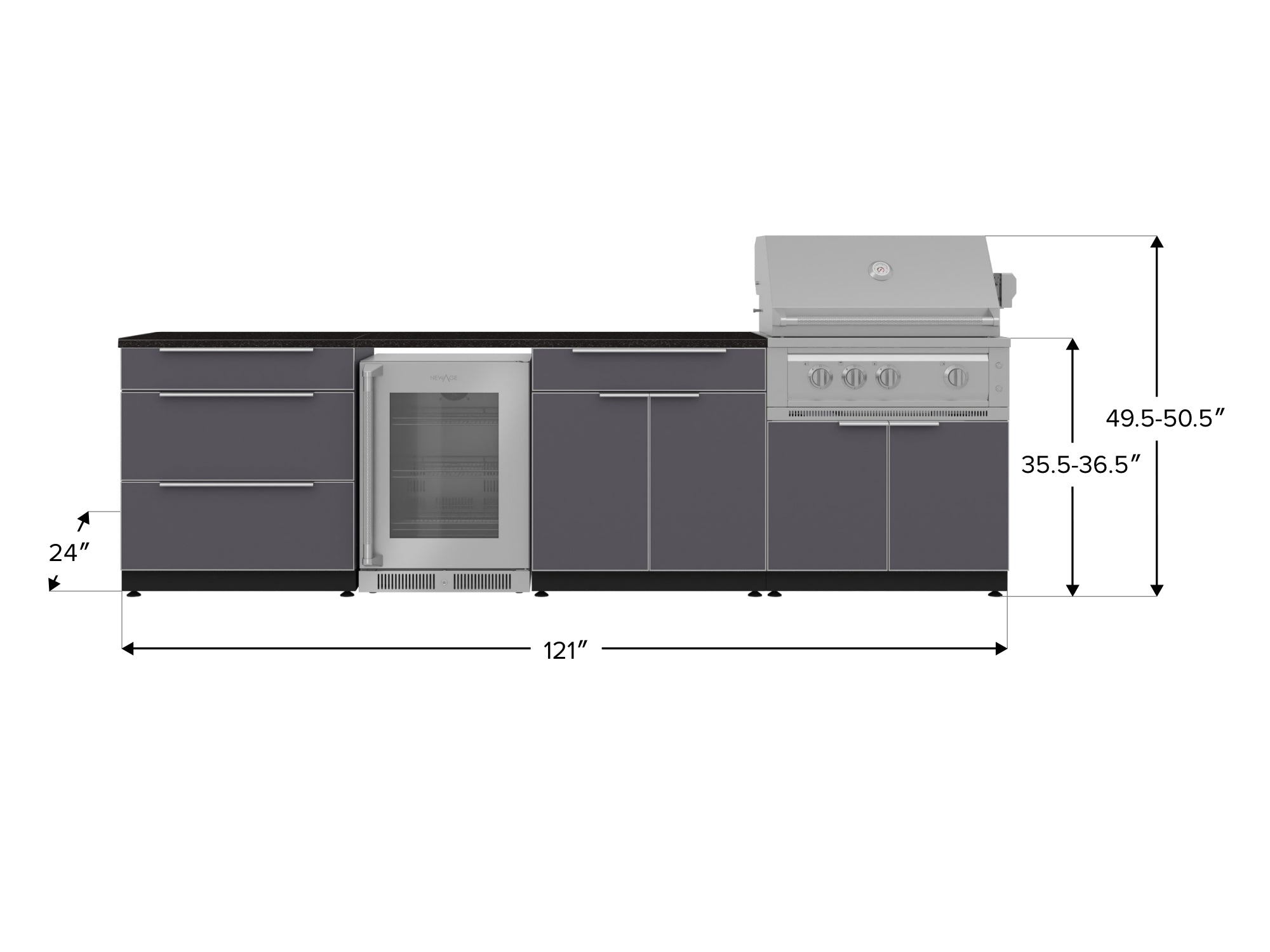 Outdoor Kitchen Aluminum 7 Piece Cabinet Set with 3-Drawer, Bar, Grill Cabinet, Platinum Grill, Countertops and Glass Door Fridge