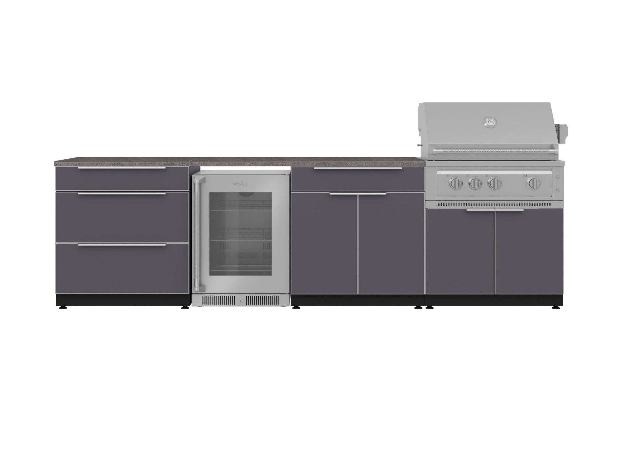 Outdoor Kitchen Aluminum 7 Piece Cabinet Set with 3-Drawer, Bar, Grill Cabinet, Platinum Grill, Countertops and Glass Door Fridge