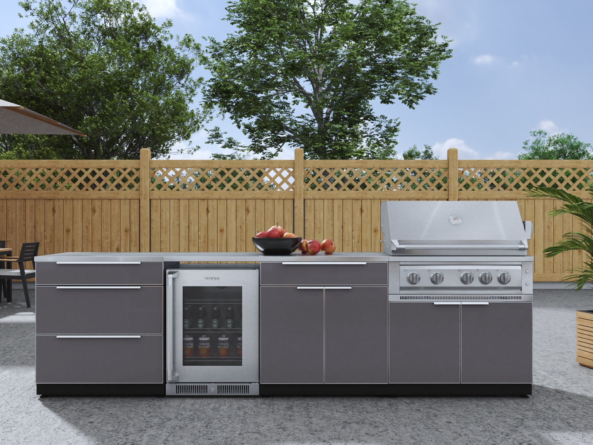 Outdoor Kitchen Aluminum 7 Piece Cabinet Set with 3-Drawer, Bar, Grill Cabinet, Platinum Grill, Countertops and Glass Door Fridge