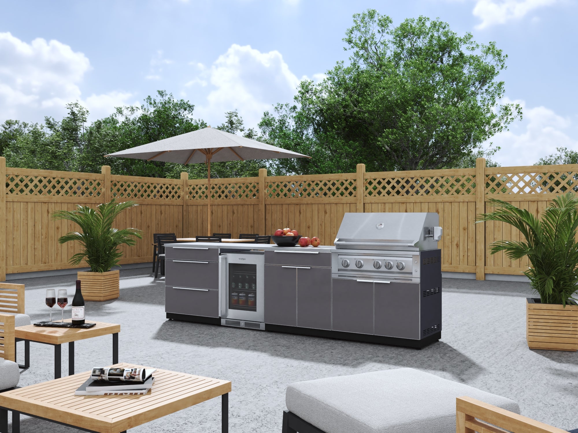 Outdoor Kitchen Aluminum 7 Piece Cabinet Set with 3-Drawer, Bar, Grill Cabinet, Platinum Grill, Countertops and Glass Door Fridge