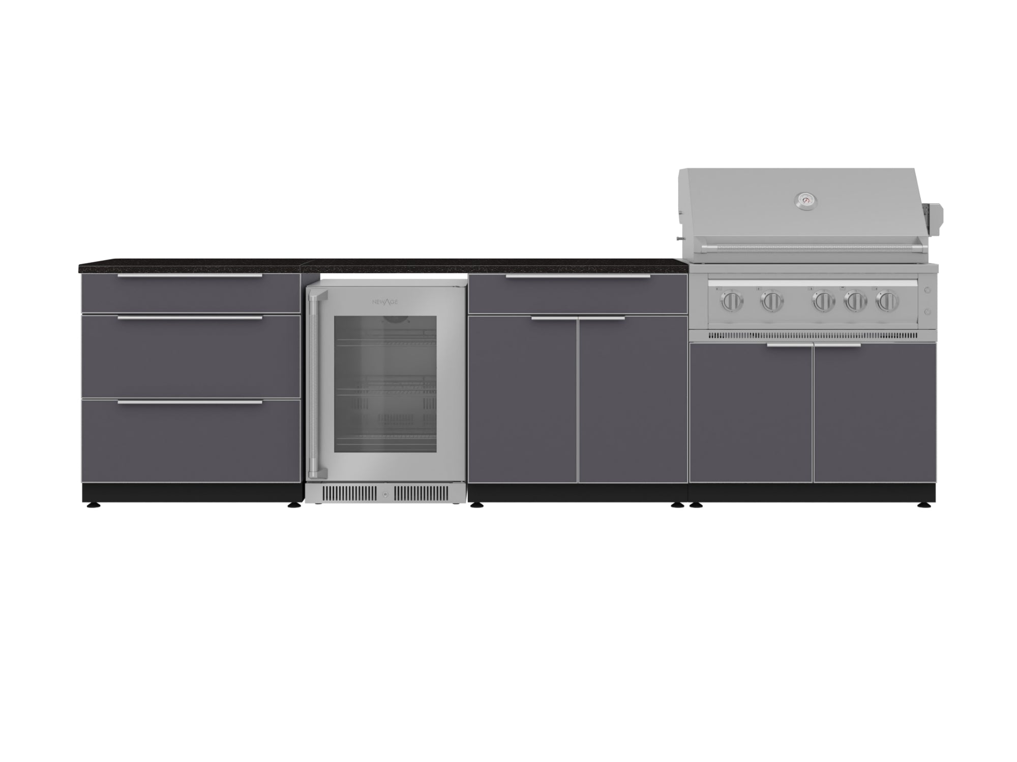 Outdoor Kitchen Aluminum 7 Piece Cabinet Set with 3-Drawer, Bar, Grill Cabinet, Platinum Grill, Countertops and Glass Door Fridge