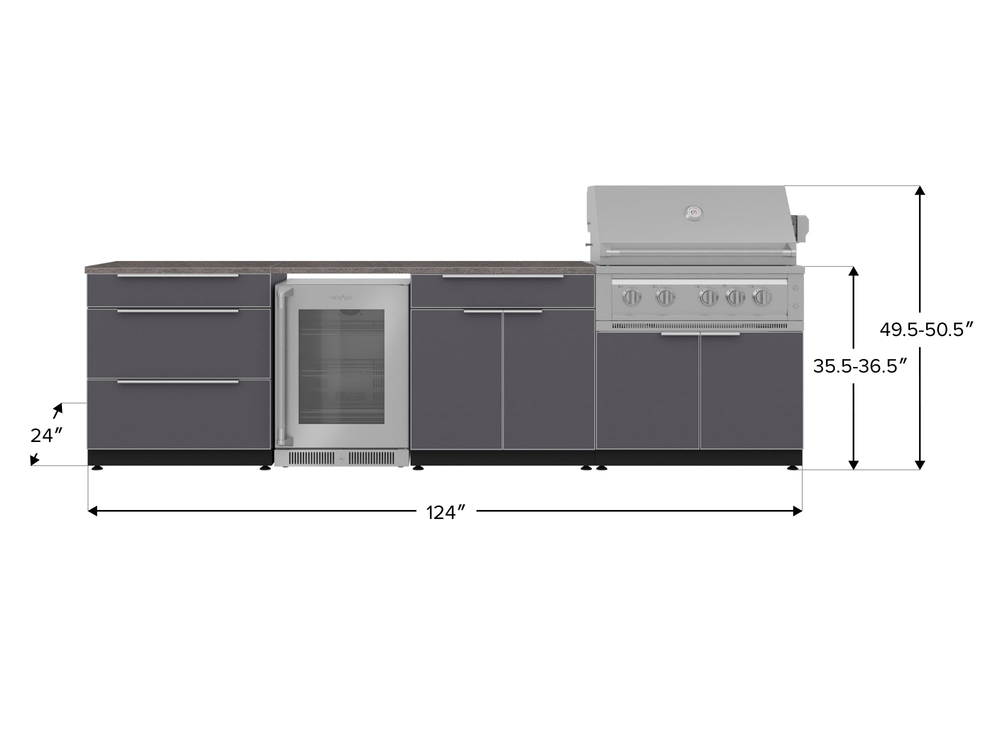 Outdoor Kitchen Aluminum 7 Piece Cabinet Set with 3-Drawer, Bar, Grill Cabinet, Platinum Grill, Countertops and Glass Door Fridge