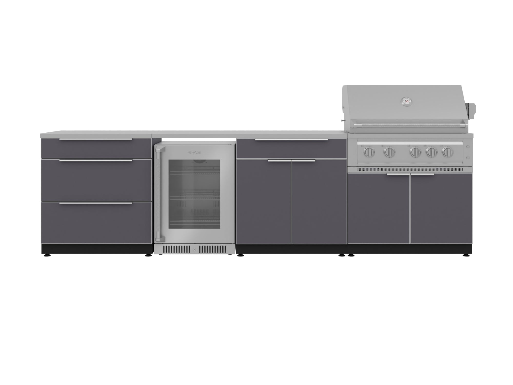 Outdoor Kitchen Aluminum 7 Piece Cabinet Set with 3-Drawer, Bar, Grill Cabinet, Platinum Grill, Countertops and Glass Door Fridge
