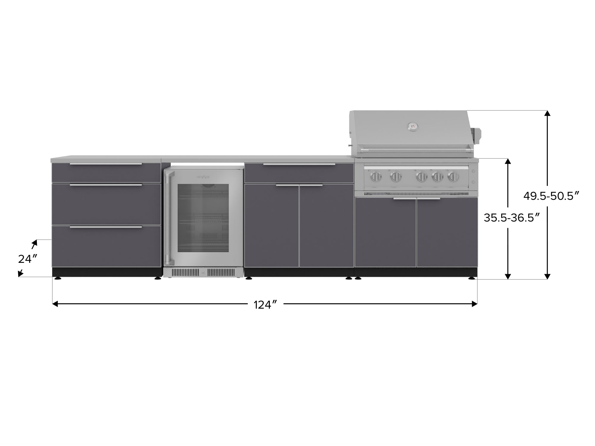 Outdoor Kitchen Aluminum 7 Piece Cabinet Set with 3-Drawer, Bar, Grill Cabinet, Platinum Grill, Countertops and Glass Door Fridge