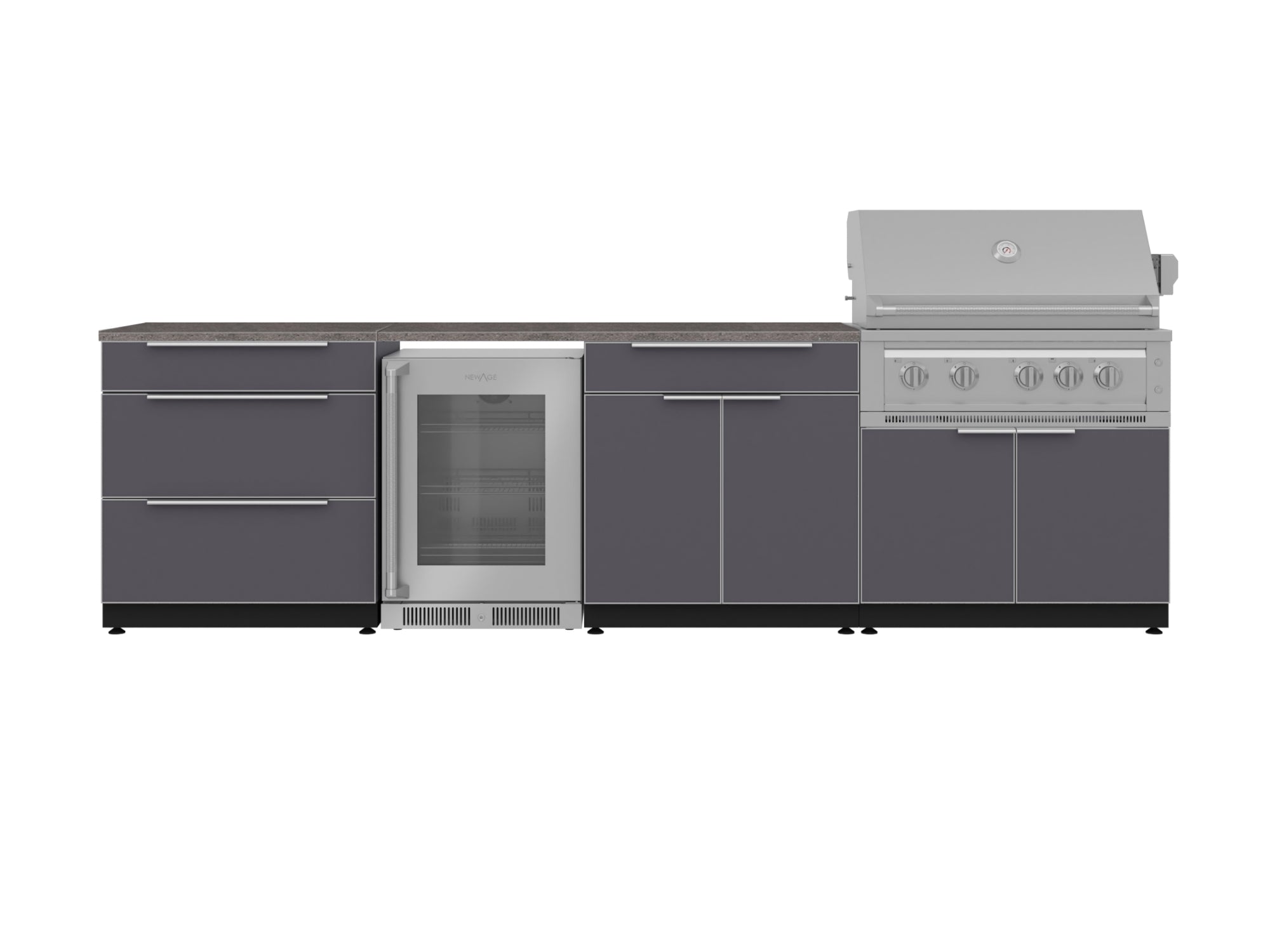 Outdoor Kitchen Aluminum 7 Piece Cabinet Set with 3-Drawer, Bar, Grill Cabinet, Platinum Grill, Countertops and Glass Door Fridge