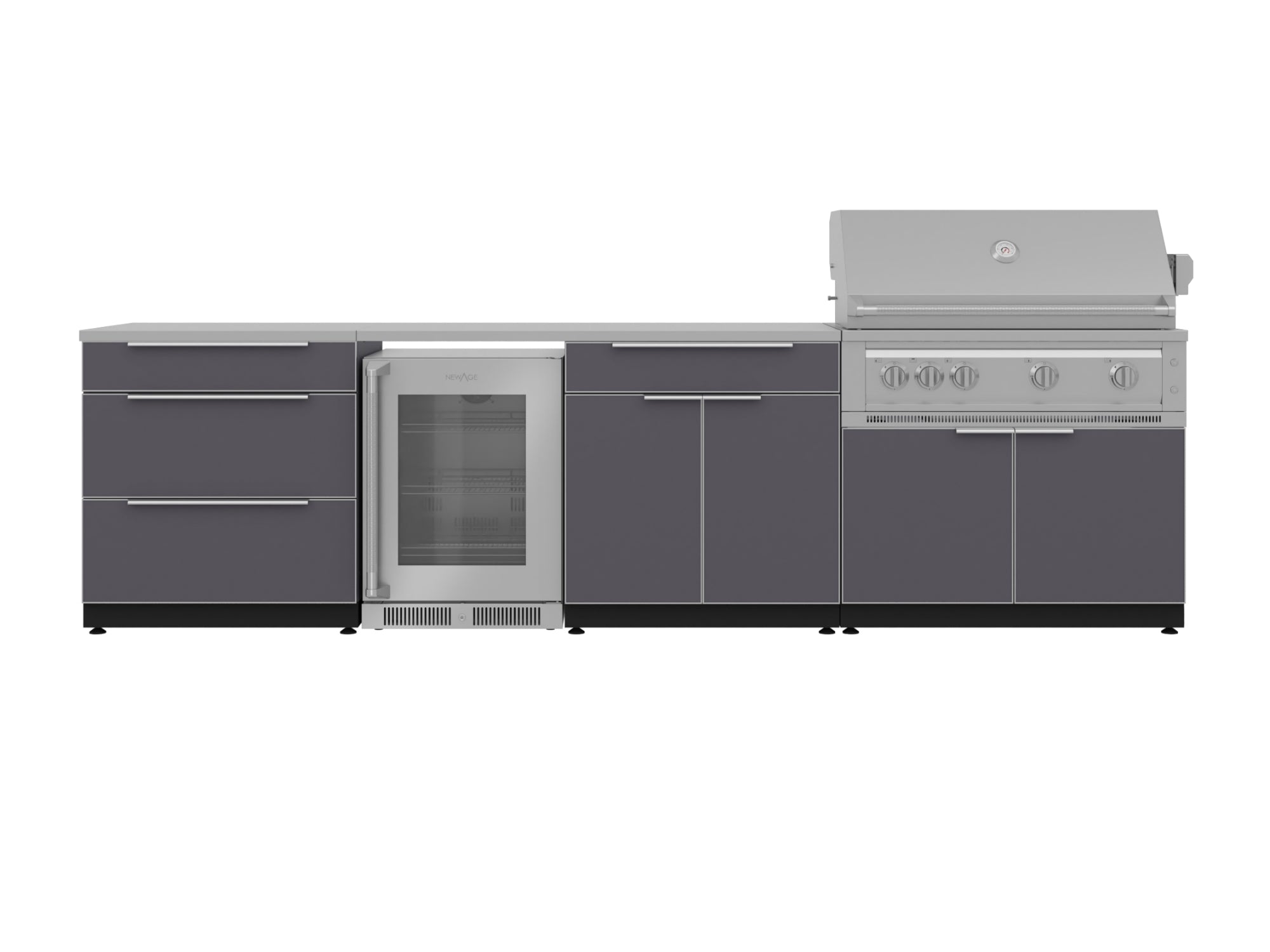 Outdoor Kitchen Aluminum 7 Piece Cabinet Set with 3-Drawer, Bar, Grill Cabinet, Platinum Grill, Countertops and Glass Door Fridge