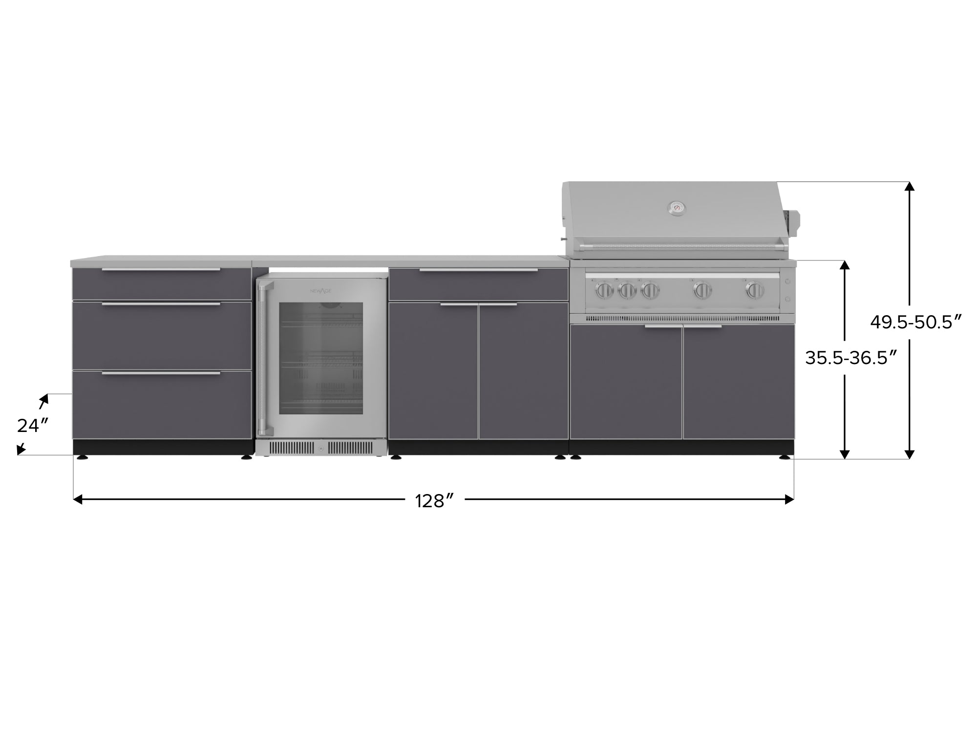Outdoor Kitchen Aluminum 7 Piece Cabinet Set with 3-Drawer, Bar, Grill Cabinet, Platinum Grill, Countertops and Glass Door Fridge