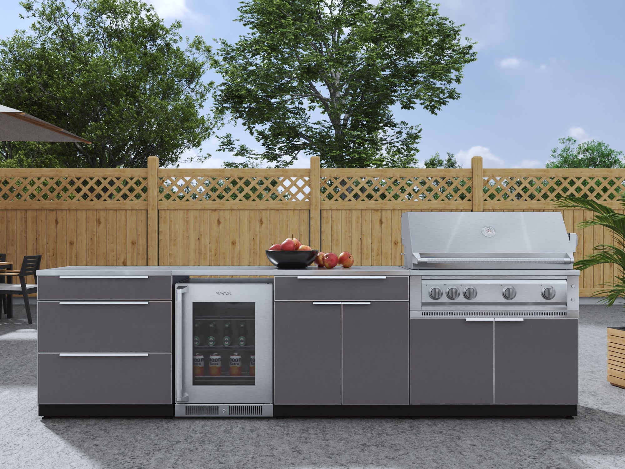 Outdoor Kitchen Aluminum 7 Piece Cabinet Set with 3-Drawer, Bar, Grill Cabinet, Platinum Grill, Countertops and Glass Door Fridge
