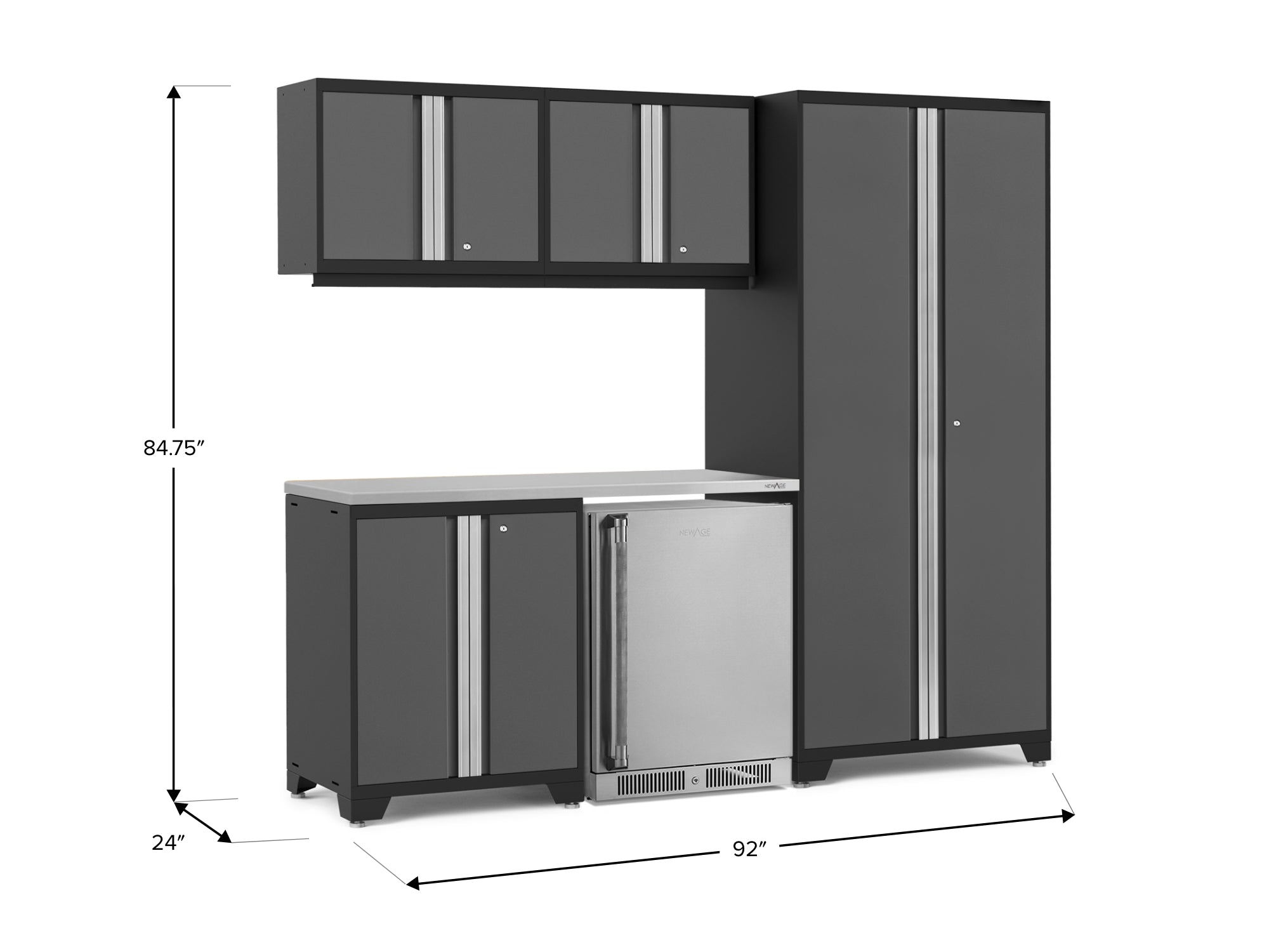Pro Series 6 Piece Cabinet Set with Base, Wall Cabinet, Locker and Stainless Steel Door Fridge