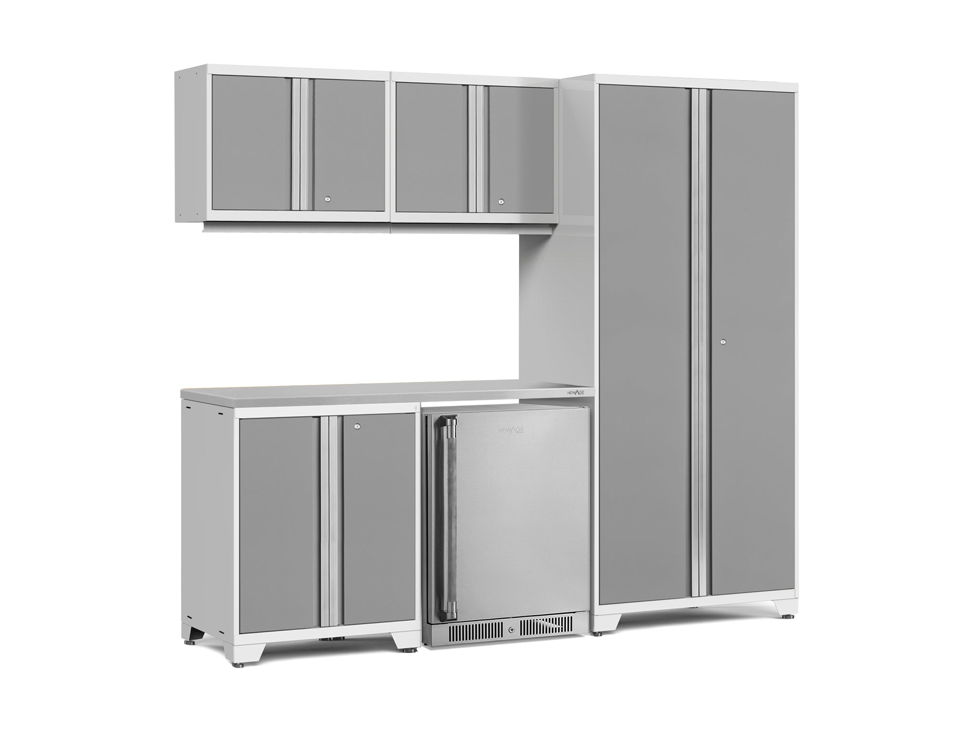 Pro Series 6 Piece Cabinet Set with Base, Wall Cabinet, Locker and Stainless Steel Door Fridge