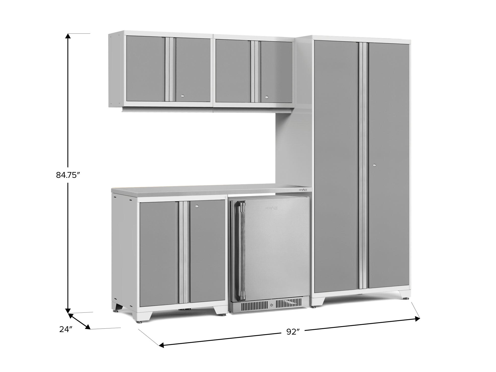 Pro Series 6 Piece Cabinet Set with Base, Wall Cabinet, Locker and Stainless Steel Door Fridge