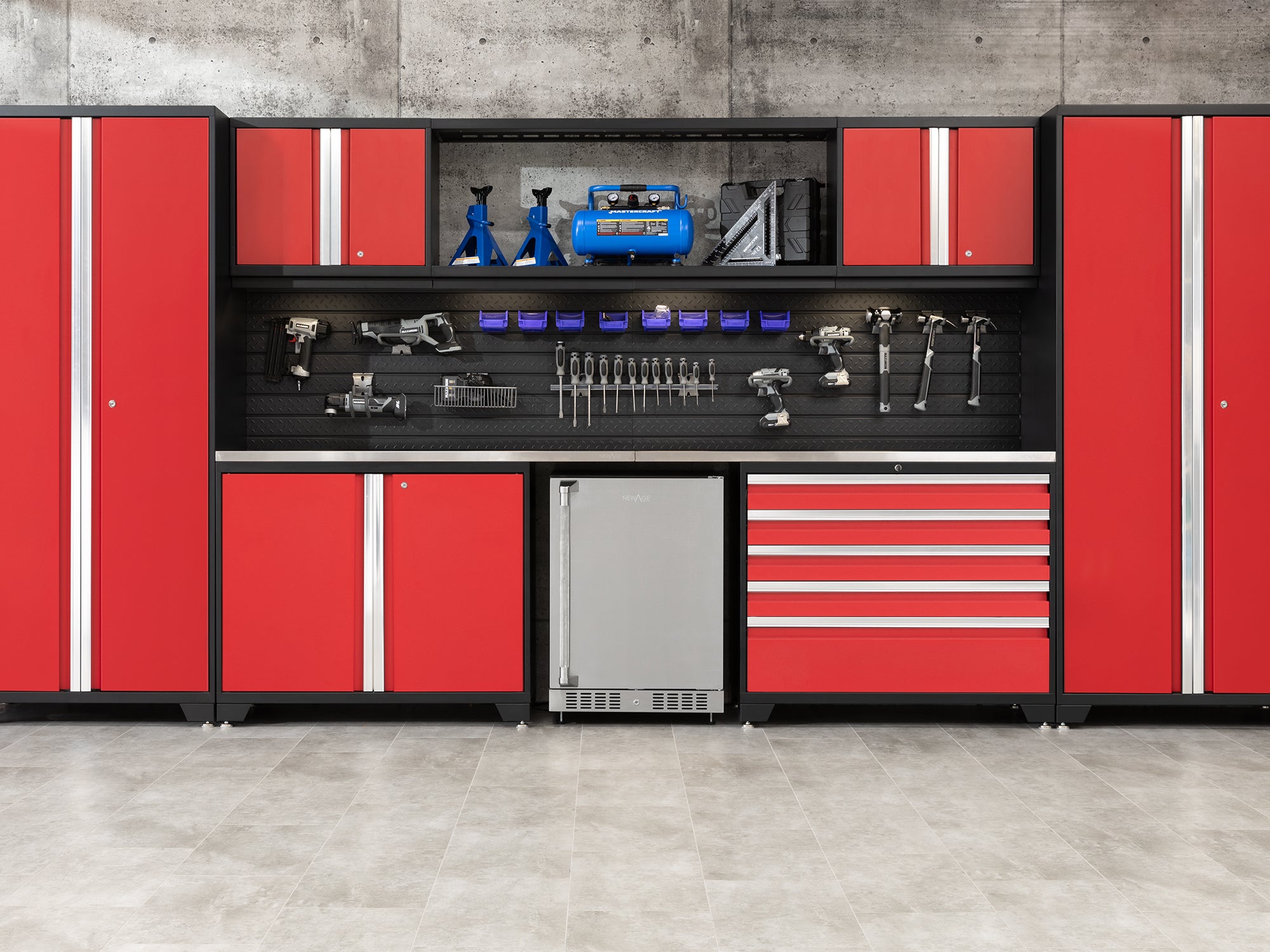Pro Series 6 Piece Cabinet Set with Base, Wall Cabinet, Locker and Stainless Steel Door Fridge