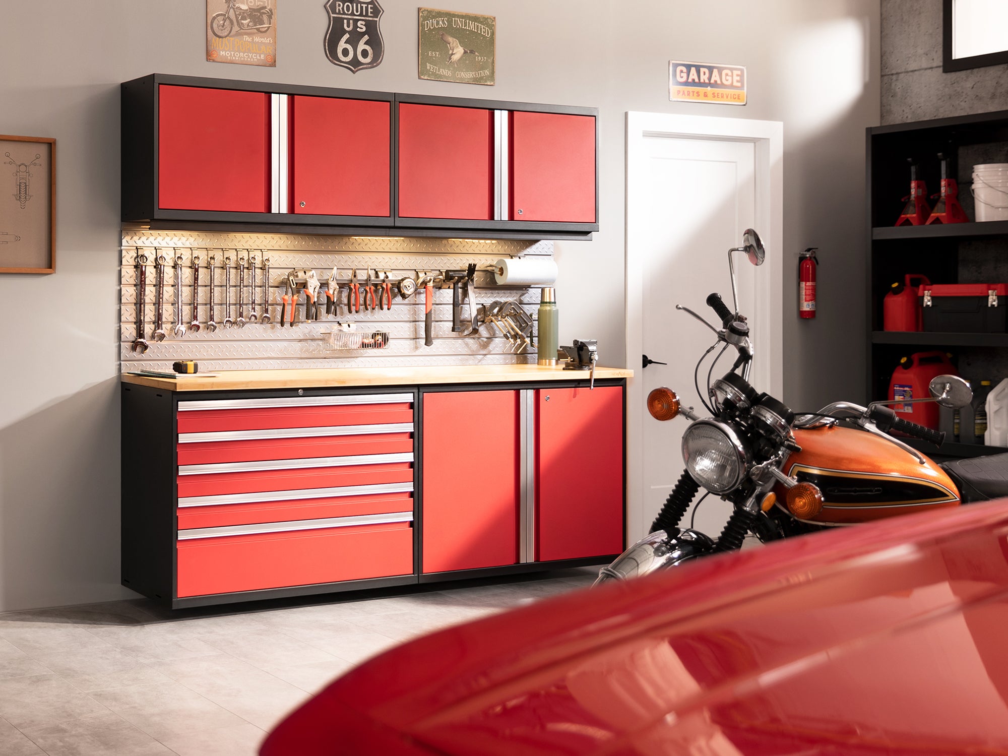 Pro Series 6 Piece Cabinet Set with Base, Wall Cabinet, Locker and Stainless Steel Door Fridge
