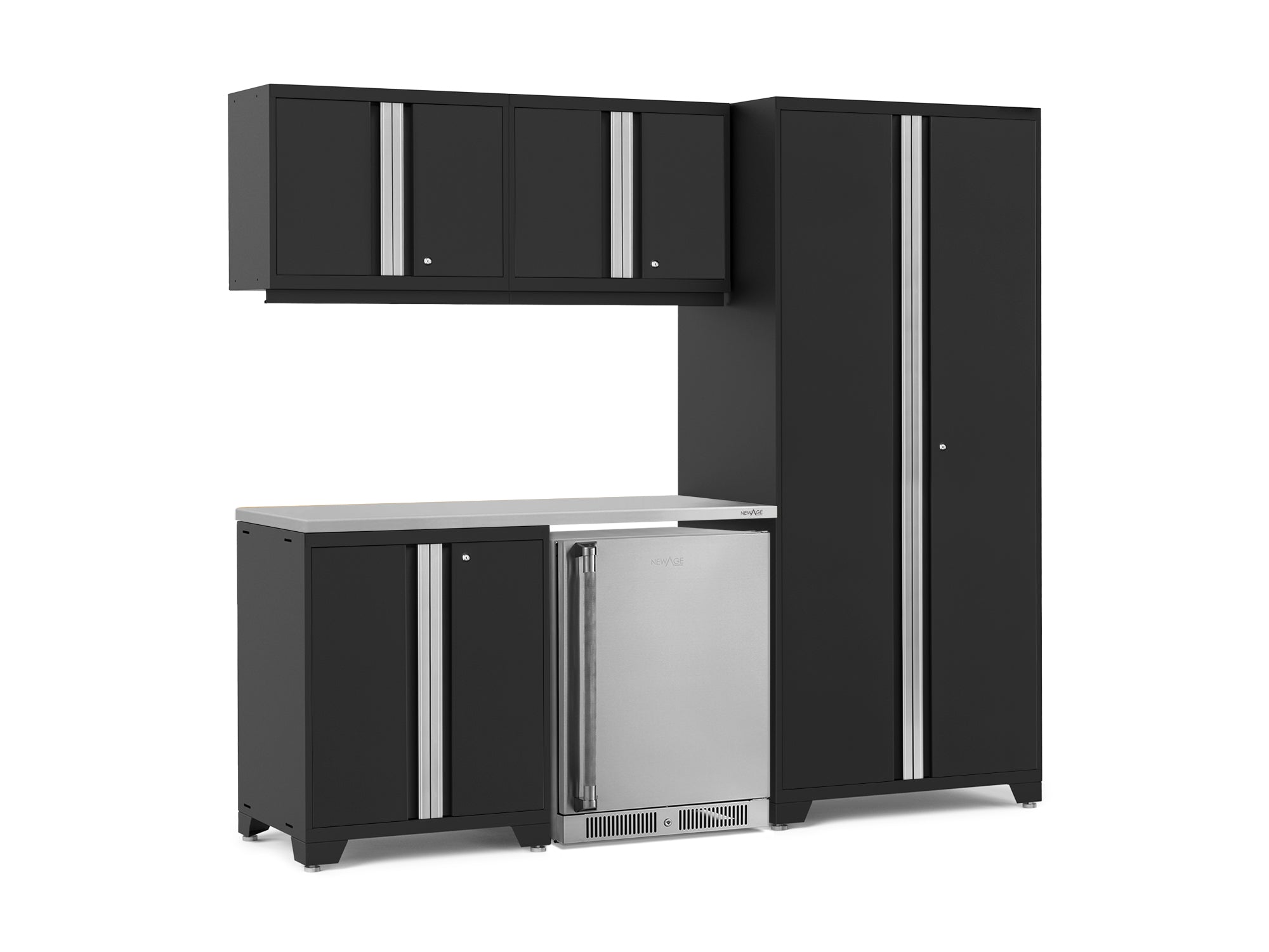 Pro Series 6 Piece Cabinet Set with Base, Wall Cabinet, Locker and Stainless Steel Door Fridge