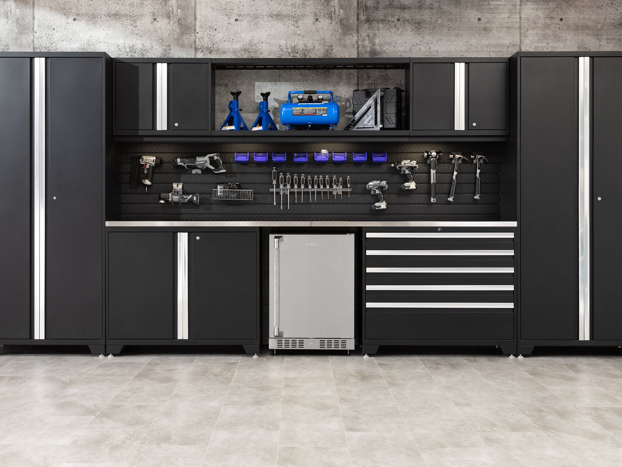 Pro Series 6 Piece Cabinet Set with Base, Wall Cabinet, Locker and Stainless Steel Door Fridge