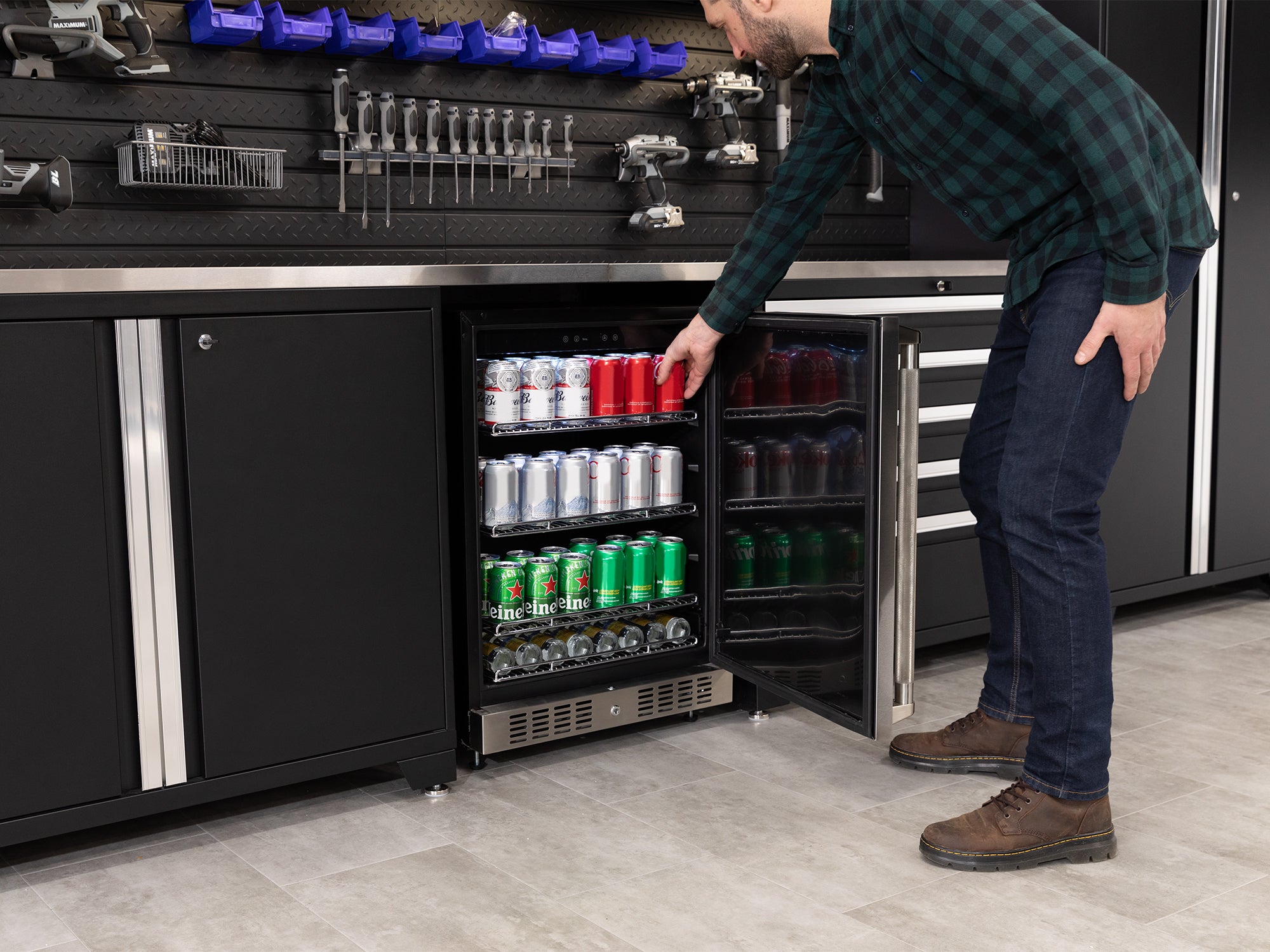 Pro Series 6 Piece Cabinet Set with Base, Wall Cabinet, Locker and Stainless Steel Door Fridge