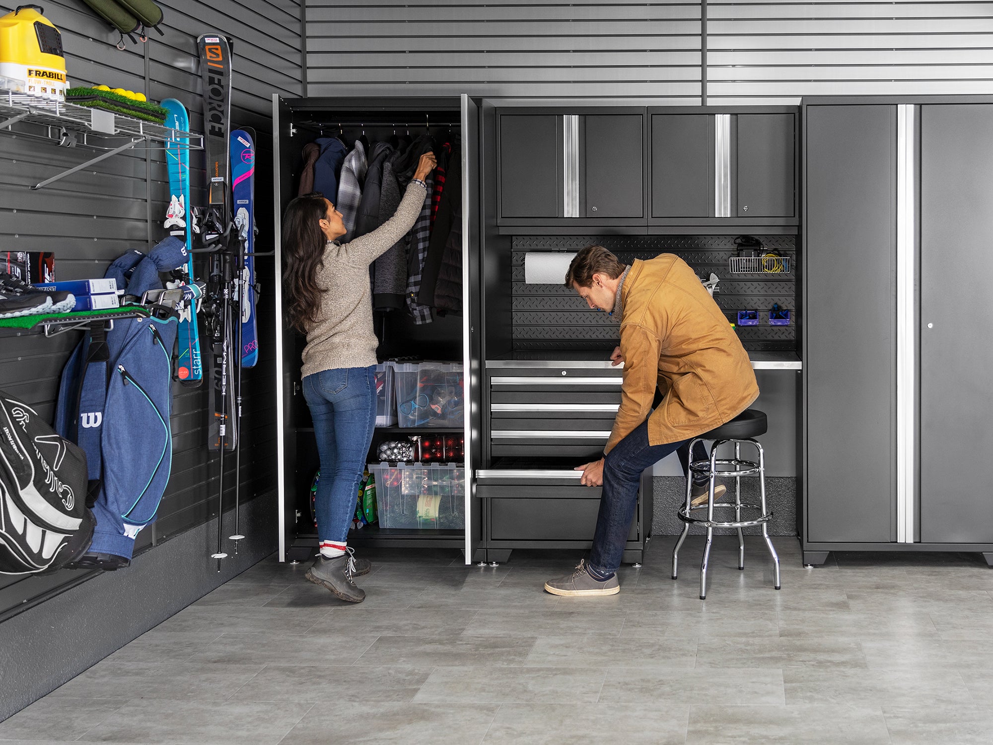 Pro Series 6 Piece Cabinet Set with Base, Wall Cabinet, Locker and Stainless Steel Door Fridge