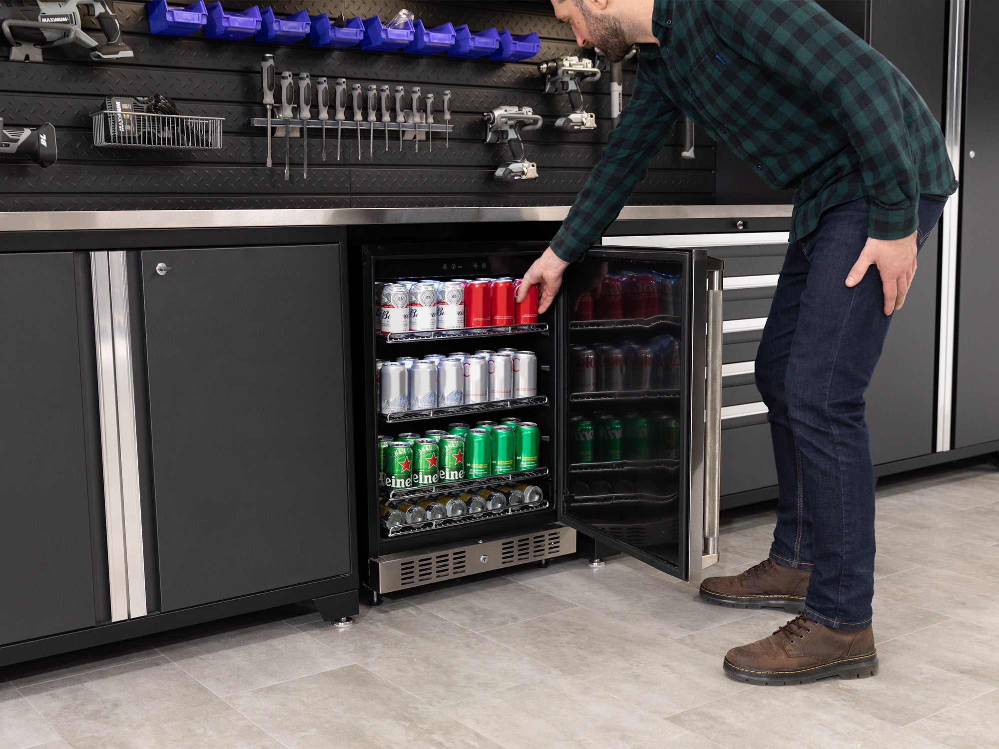 Pro Series 6 Piece Cabinet Set with Base, Wall Cabinet, Locker and Stainless Steel Door Fridge