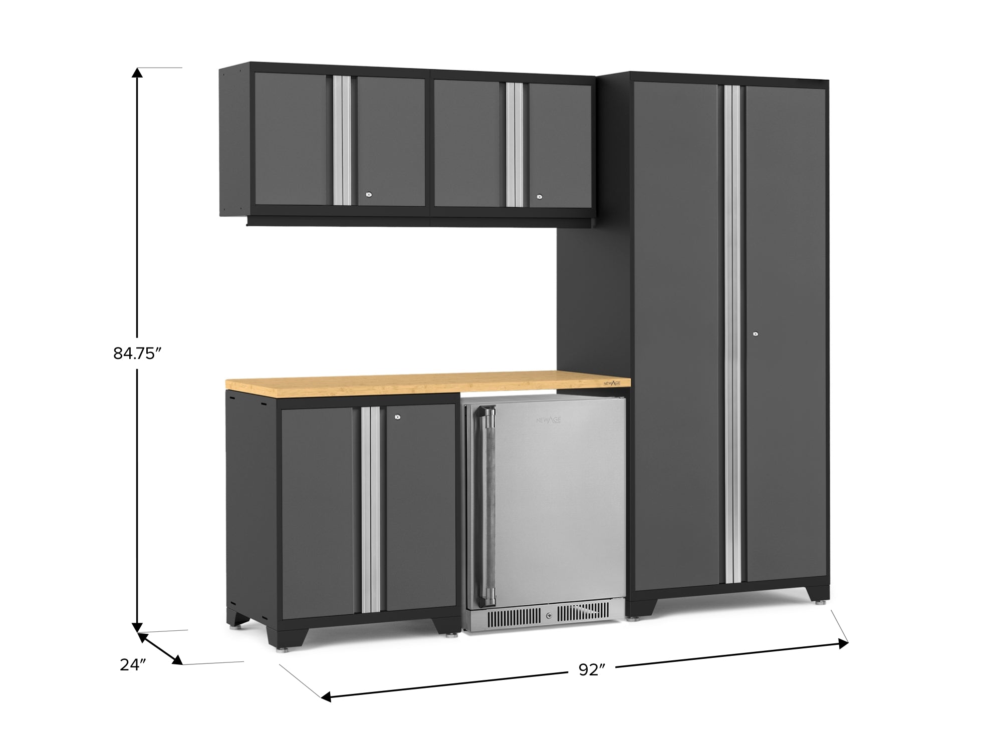 Pro Series 6 Piece Cabinet Set with Base, Wall Cabinet, Locker and Stainless Steel Door Fridge